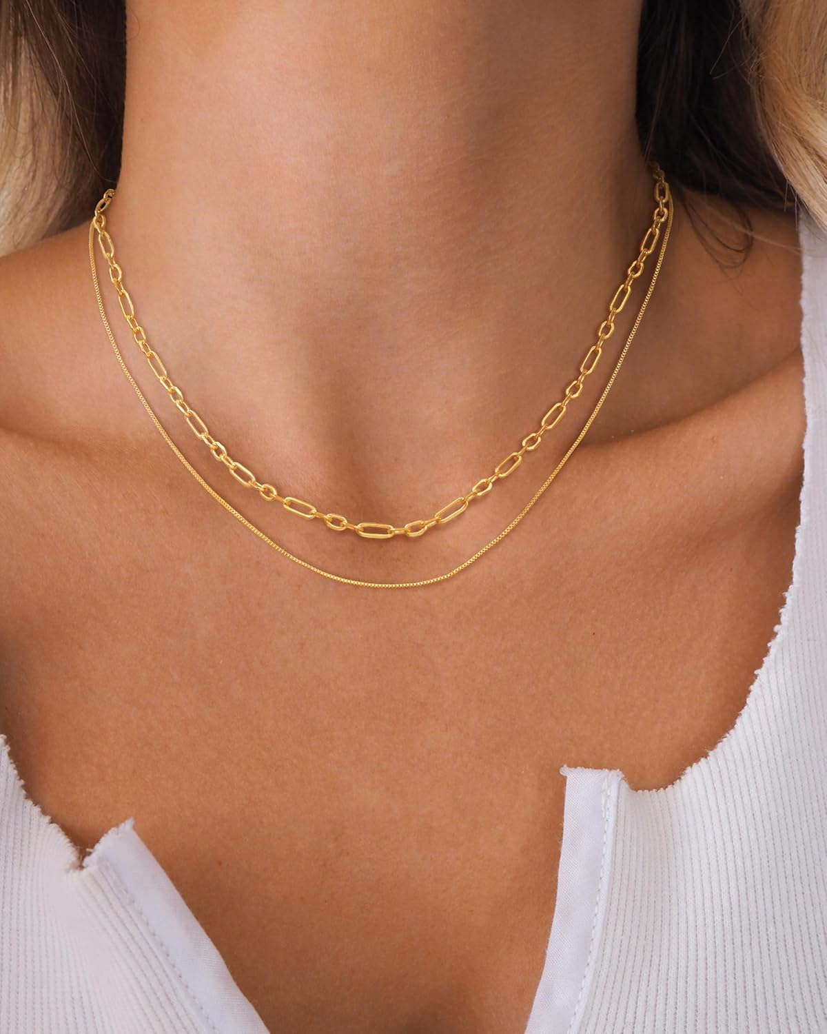 Layered 14K Gold Plated Necklaces for Women,Dainty Chain Necklace Stack Herringbone Box Paperclip Choker Necklaces Set Trendy Simple Non Tarnish 14K Gold Plated Jewerly Gifts for Women - Image 2