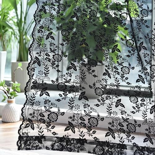 Miniatura 5 de FINECITY Juego de 2 paneles de cortinas de encaje negro de 72 pulgadas de largo, cortinas de encaje transparente con flores negras rústicas para