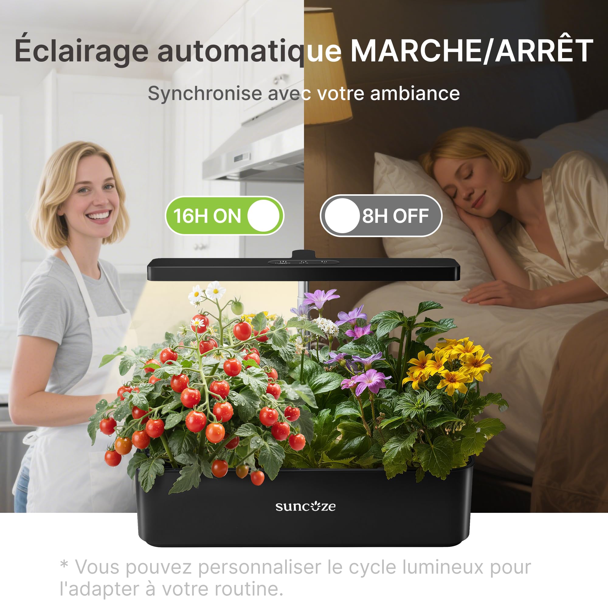 SUNCOZE Potager Hydroponique Smart avec 12 Paniers, Noir | Jardin d'Herbes avec Lampe LED 24W, Hauteur Réglable, Réservoir 4L, Pompe Intelligente Silencieuse, pour Maison et Cuisine