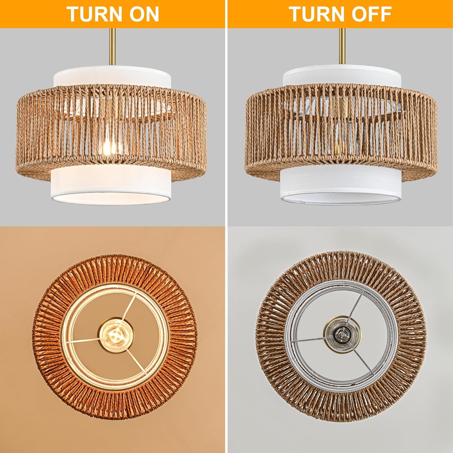12.4"Farmhouse Chandelier for Dining Room, 1-Light Boho Rattan Chandelier Light Fixture Ceiling Hanging with Fabric Lampshade, Small Wicker Coastal Pendant Light for Kitchen Bedroom Island Hallway