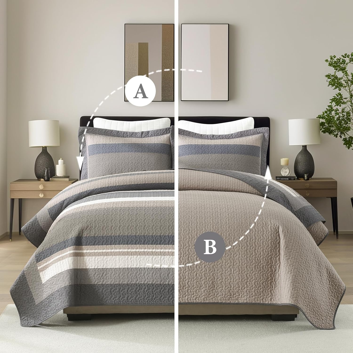 100% Cotton Quilts King Size, King Quilt Bedding Set Bedspread, Striped Quilt for King Bed, 3 Pieces Farmhouse Reversible Lightweight Comforter Bed Spread, Brown/Beige/Taupe - Image 8