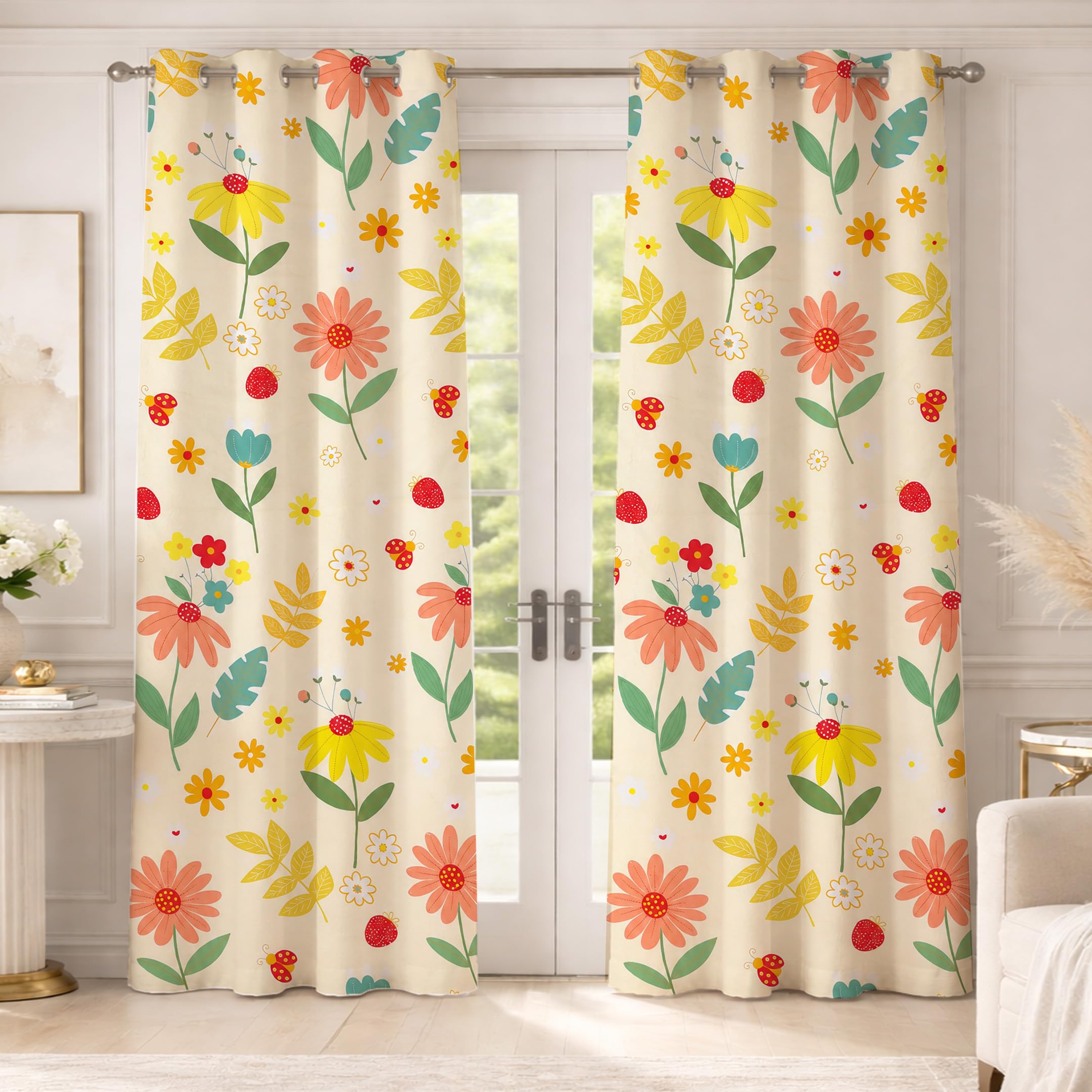 Elegant Drapes for Bedroom & Living Room Mustard Floral Printed Cotton Eyelet Curtain for Door 7 Feet | Soft Printed Curtain for Room Décor Set of 2-image-29
