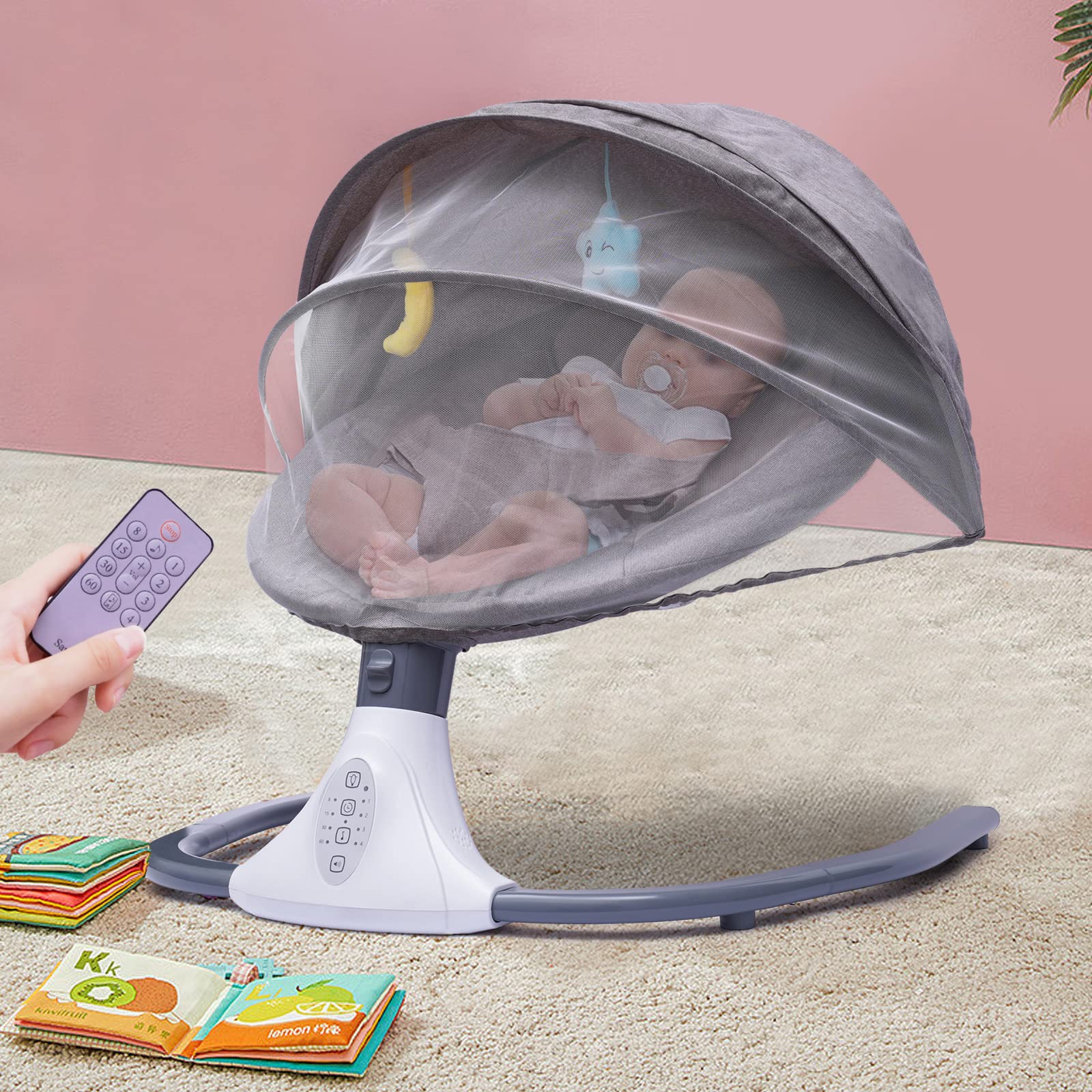 Altalena elettrica per bambini, per interni con baldacchino oscurante, con telecomando, 12 musica Bluetooth, per bambini da 0 a 18 mesi, fino a 44,09 libbre (grigio)