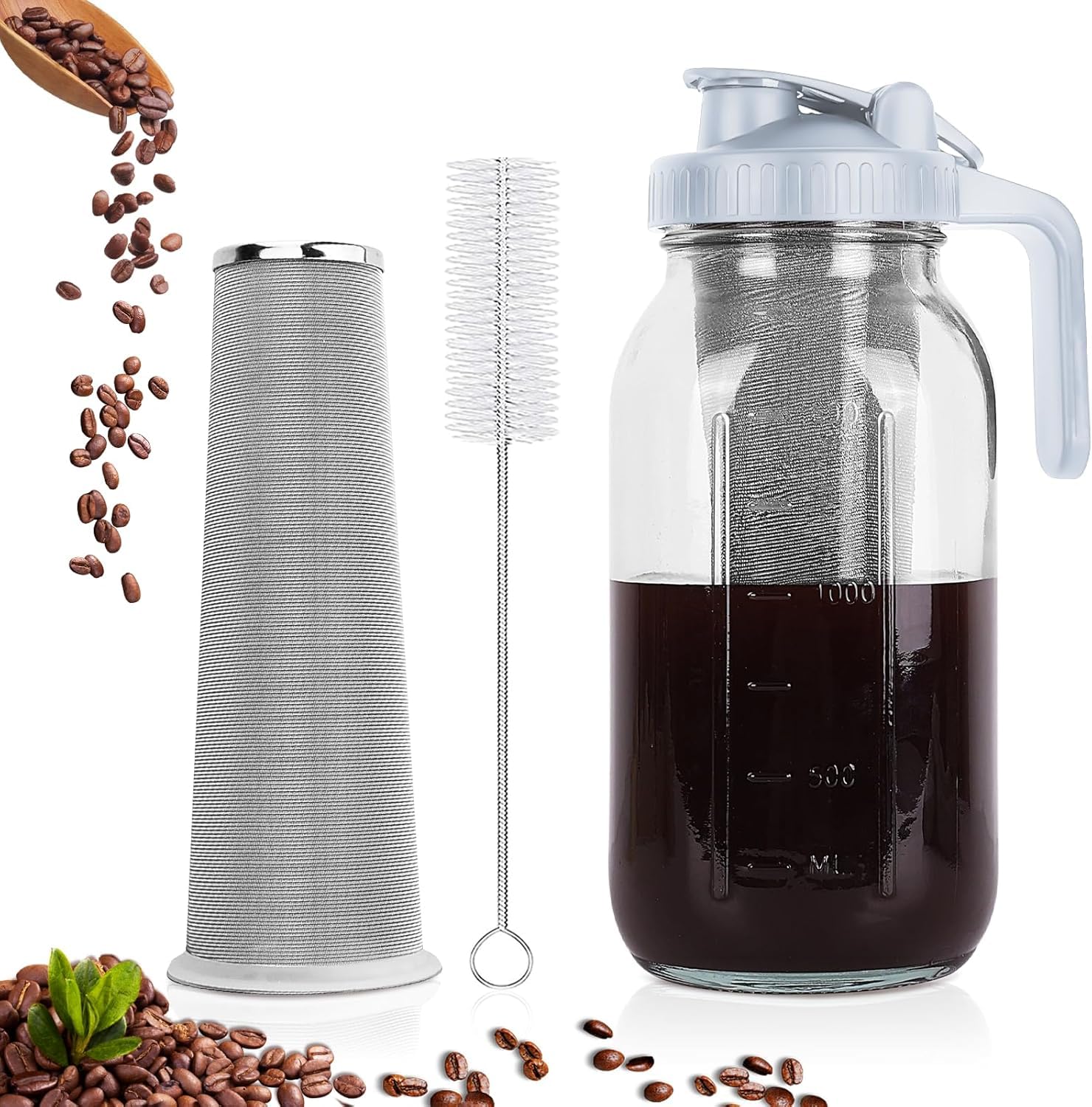 Cold Brew Kaffeebereiter, 1.8L Cold Brew Coffee Maker, Deckel mit Griff und Edelstahlfilter, Kaffeebereiter für kaltgebrühten Kaffee und Tee (Grau)