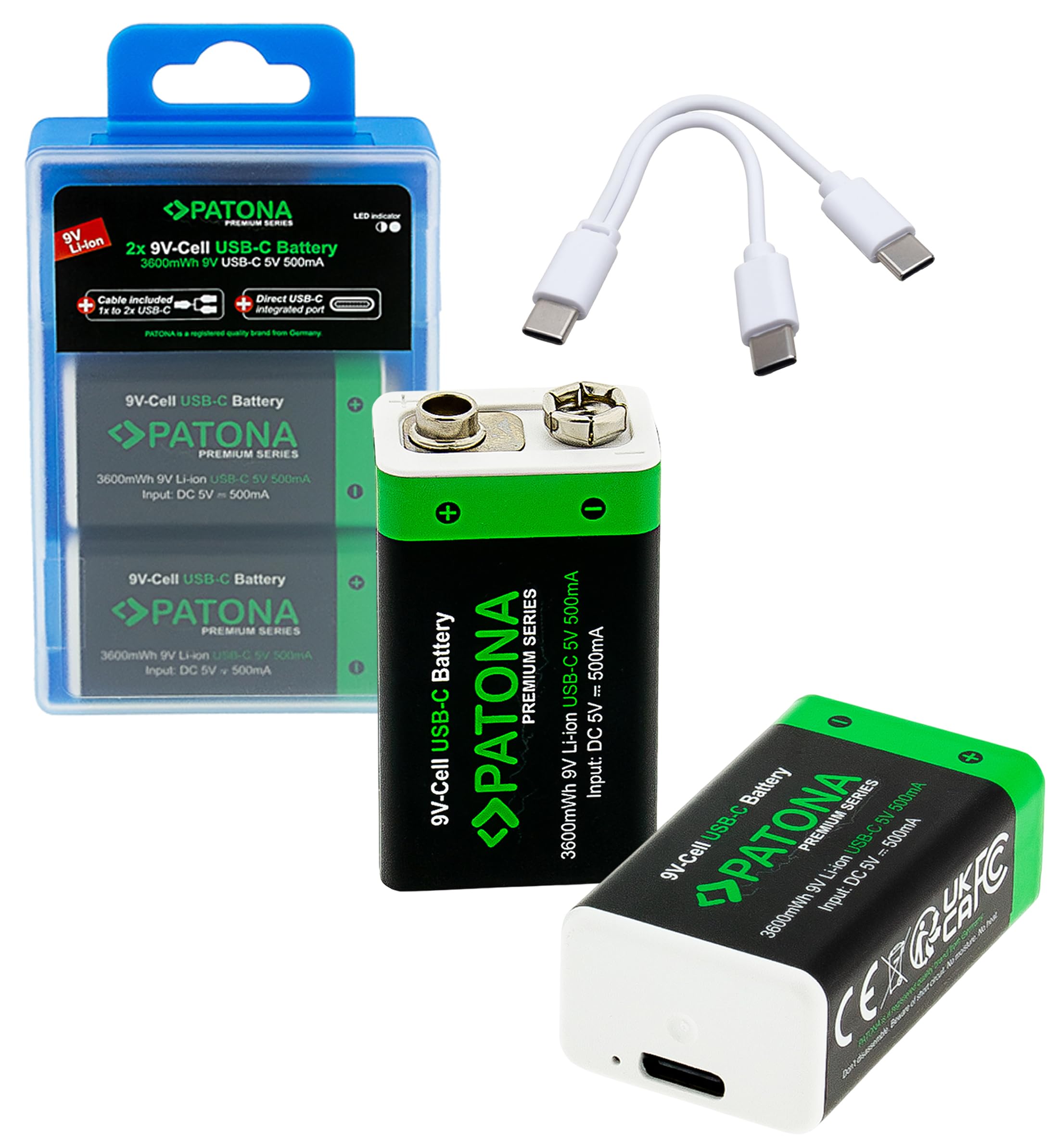 PATONA Lot de 2 Piles de détecteur de fumée USB-C 9 V / 3,6 Wh/Rechargeable Via USB-C (500 mA), câble de Charge USB-C avec 2 Ports - 1413