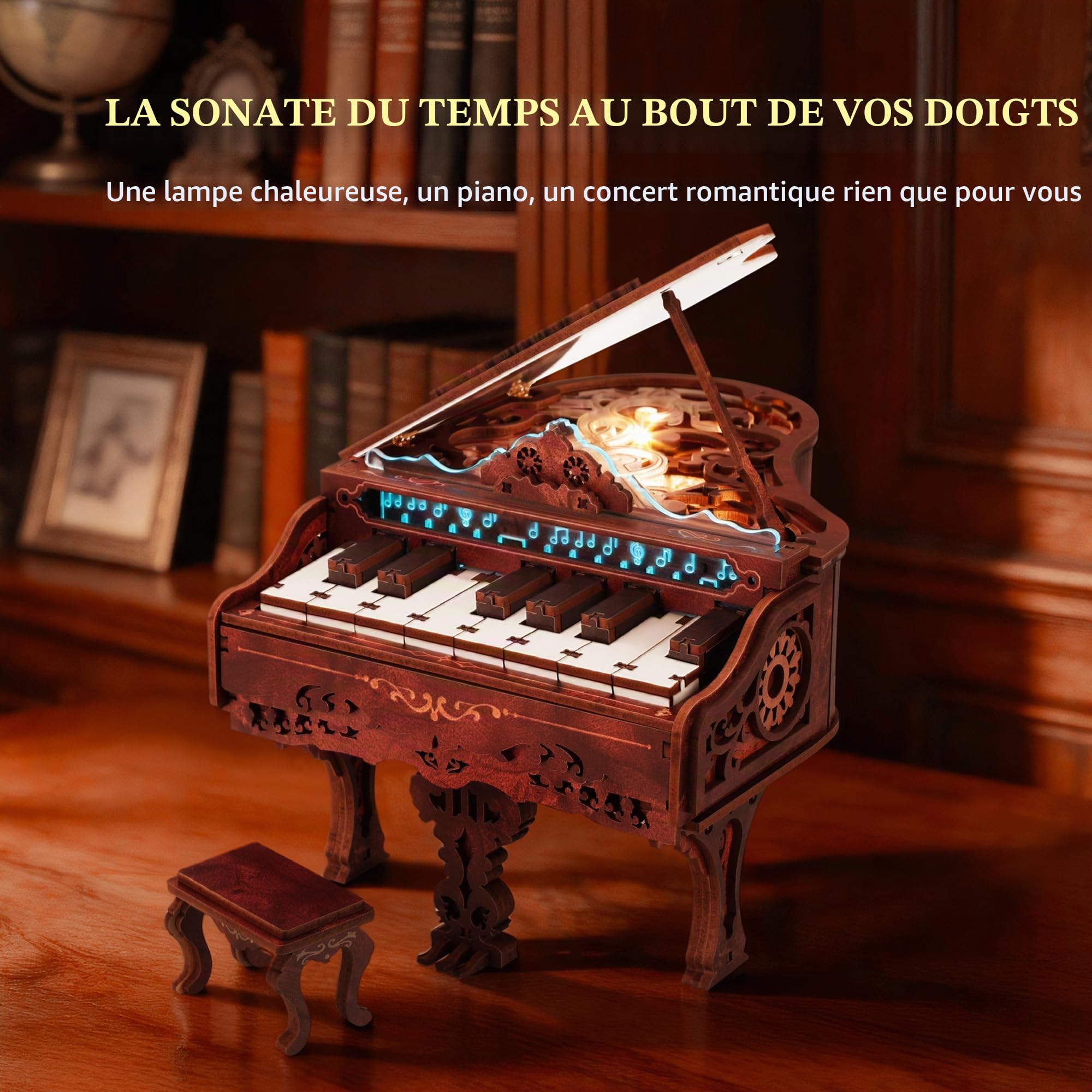 FUNPOLA Kit de Piano Puzzle en Bois 3D avec LED, Modèle de Clavier Jouable avec Lumières LED, Kit de Bricolage Interactif & Puzzle de Piano Numérique pour Adultes（14+）