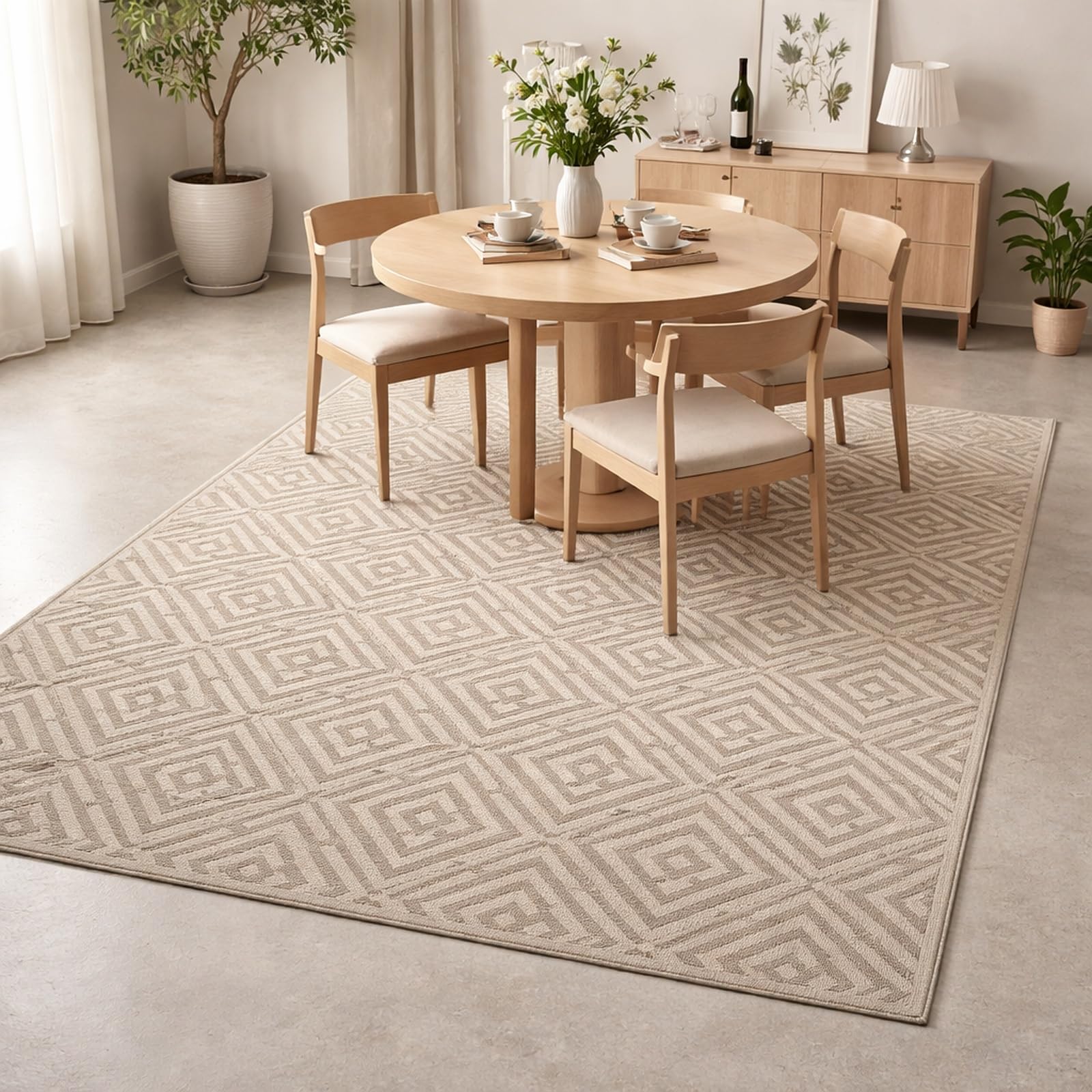 Tapis de salon lavable beige 200x290cm géométrique moderne