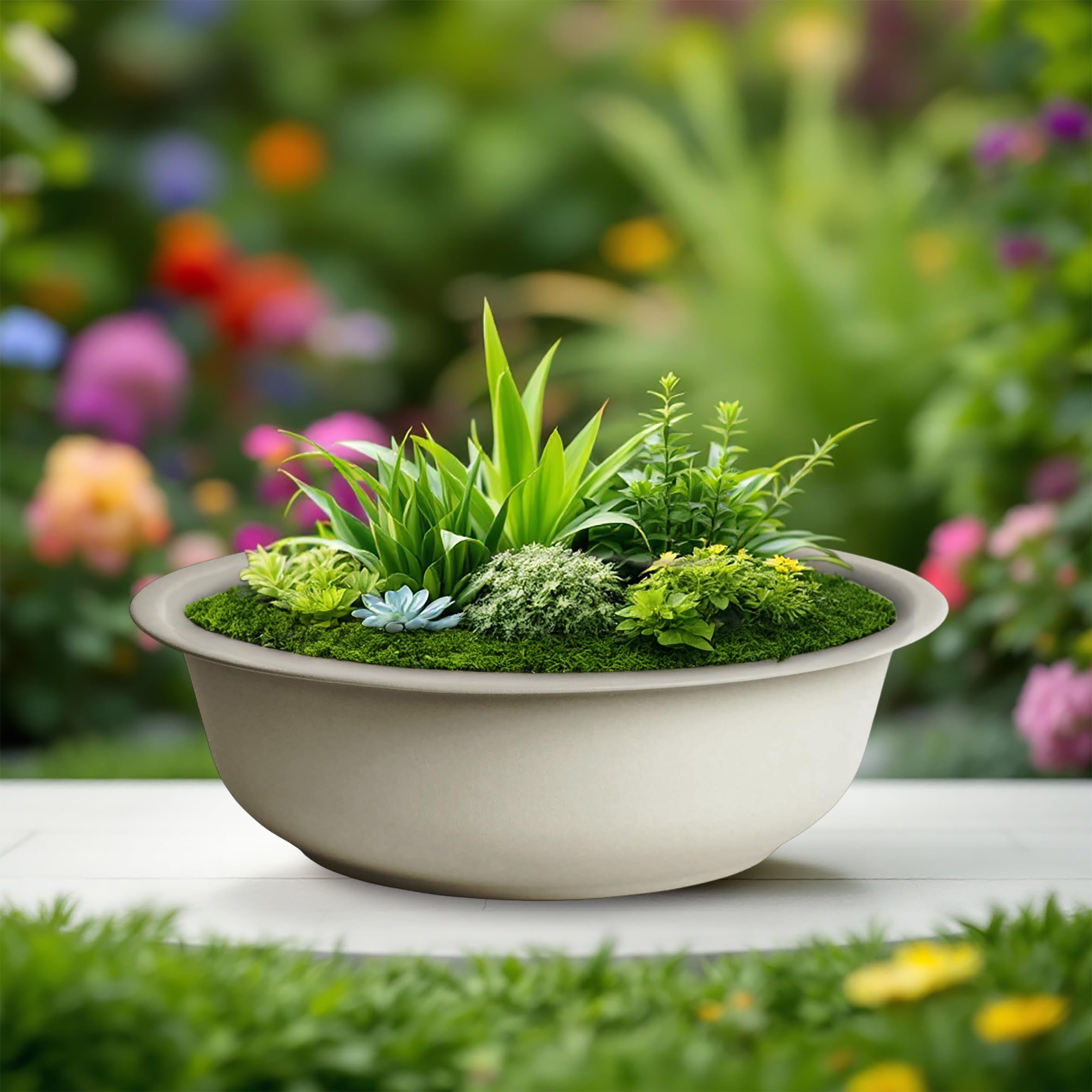 Spetebo Mini étang de jardin rond beige - 52 cm - Décoration de jardin en métal Grande vasque à fleurs - Étang décoratif Mini étang Étang de balcon Bac d'étang Pot de fleurs Bac à eau Étang Bassin