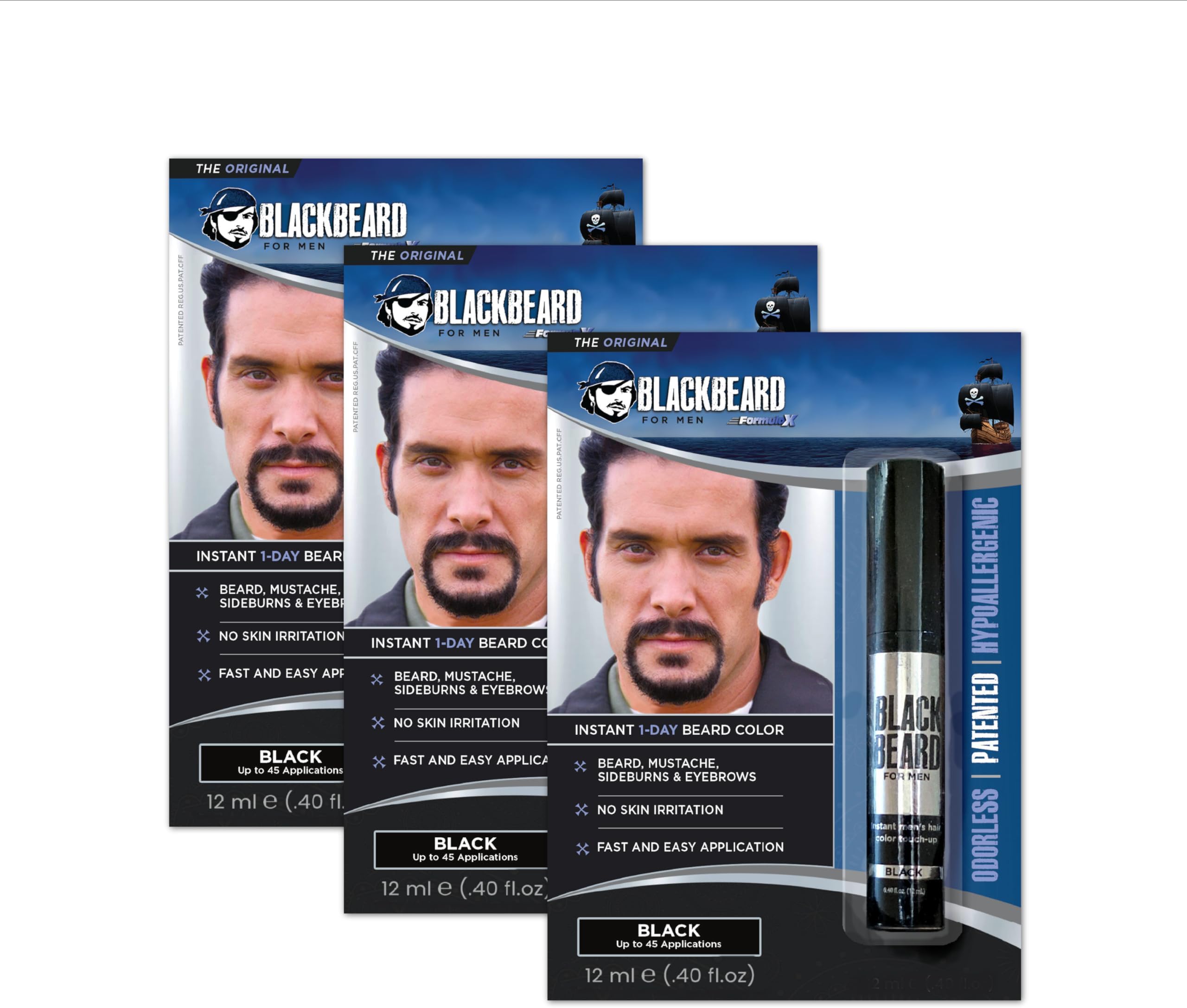 Blackbeard for Men Beard Color – 1-Day Beard, Mustache, Eyebrow, Sideburns Color – Temporary Facial Hair Tint - Hypoallergenic Beard Dye Alternative – Up to 45 applications – Black, 3 Pack