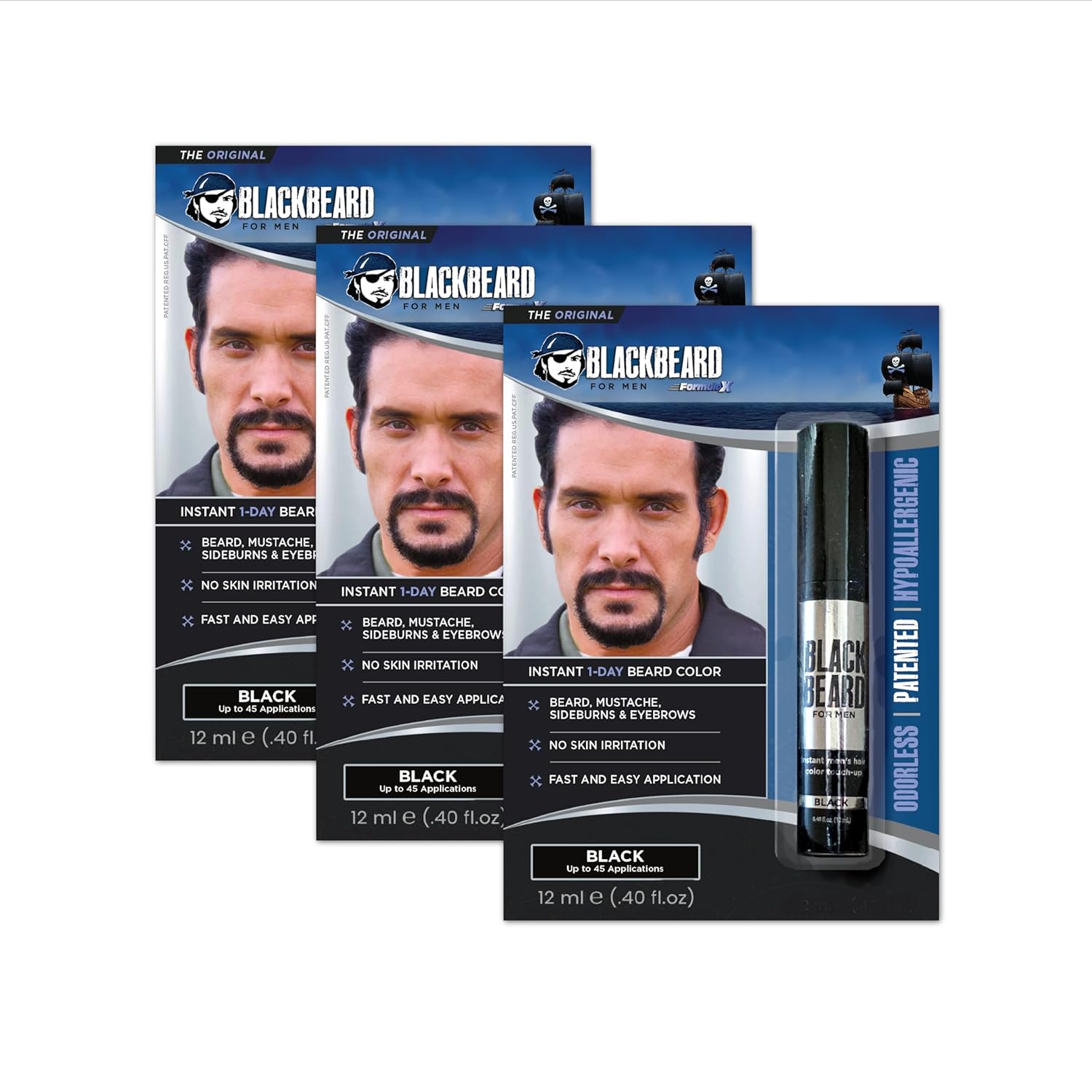 Blackbeard for Men Beard Color – 1-Day Beard, Mustache, Eyebrow, Sideburns Color – Temporary Facial Hair Tint - Hypoallergenic Beard Dye Alternative – Up to 45 applications – Black, 3 Pack
