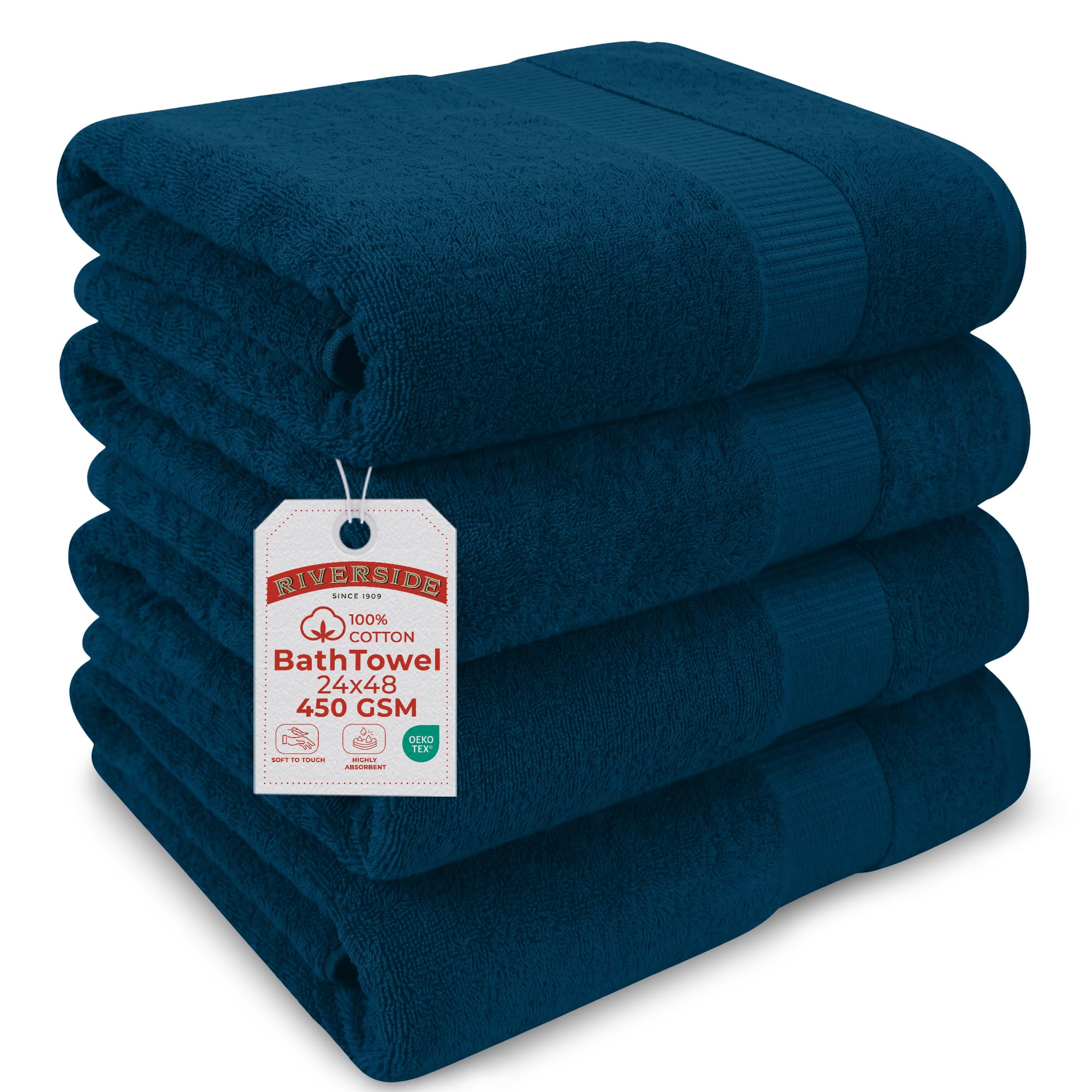 RIVERSIDE Medium Bath Towel Set of 4, 24x48 Inches – 100% Ring-Spun Cotton Bath Towels, Soft, 450 GSM Towels for Bathroom Highly Absorbent & Quick Dry for Home, Gym, Spa & Hotel Use – Blue Opal