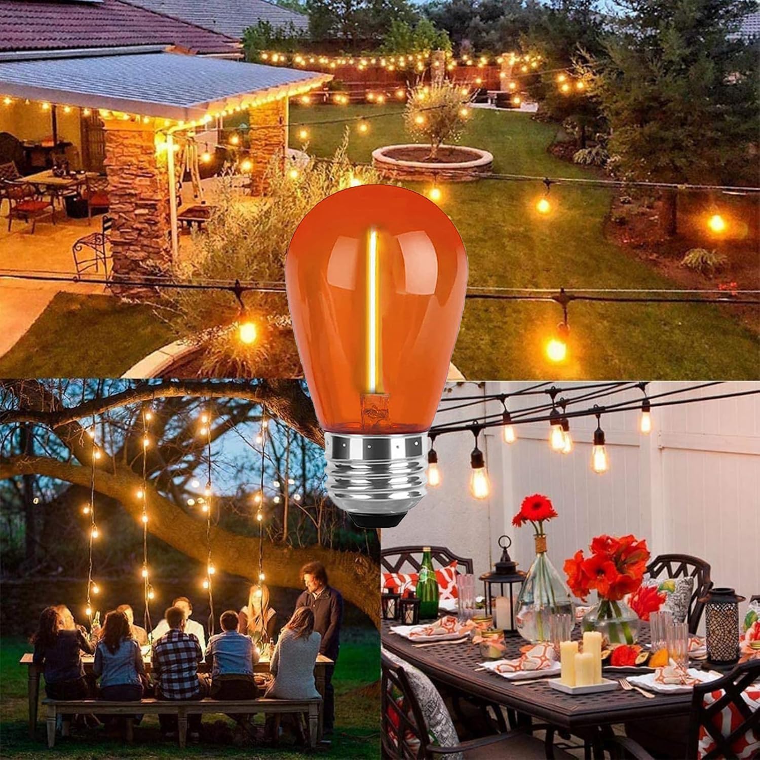 15 Pack S14 LED Light Bulb Orange LED Replacement Bulb 1W LED Replacement Bulb S14 String Light Edison Bulb E26 Plastic Shatterproof Decorative Bulb for Outdoor Patio Halloween Christmas Decor