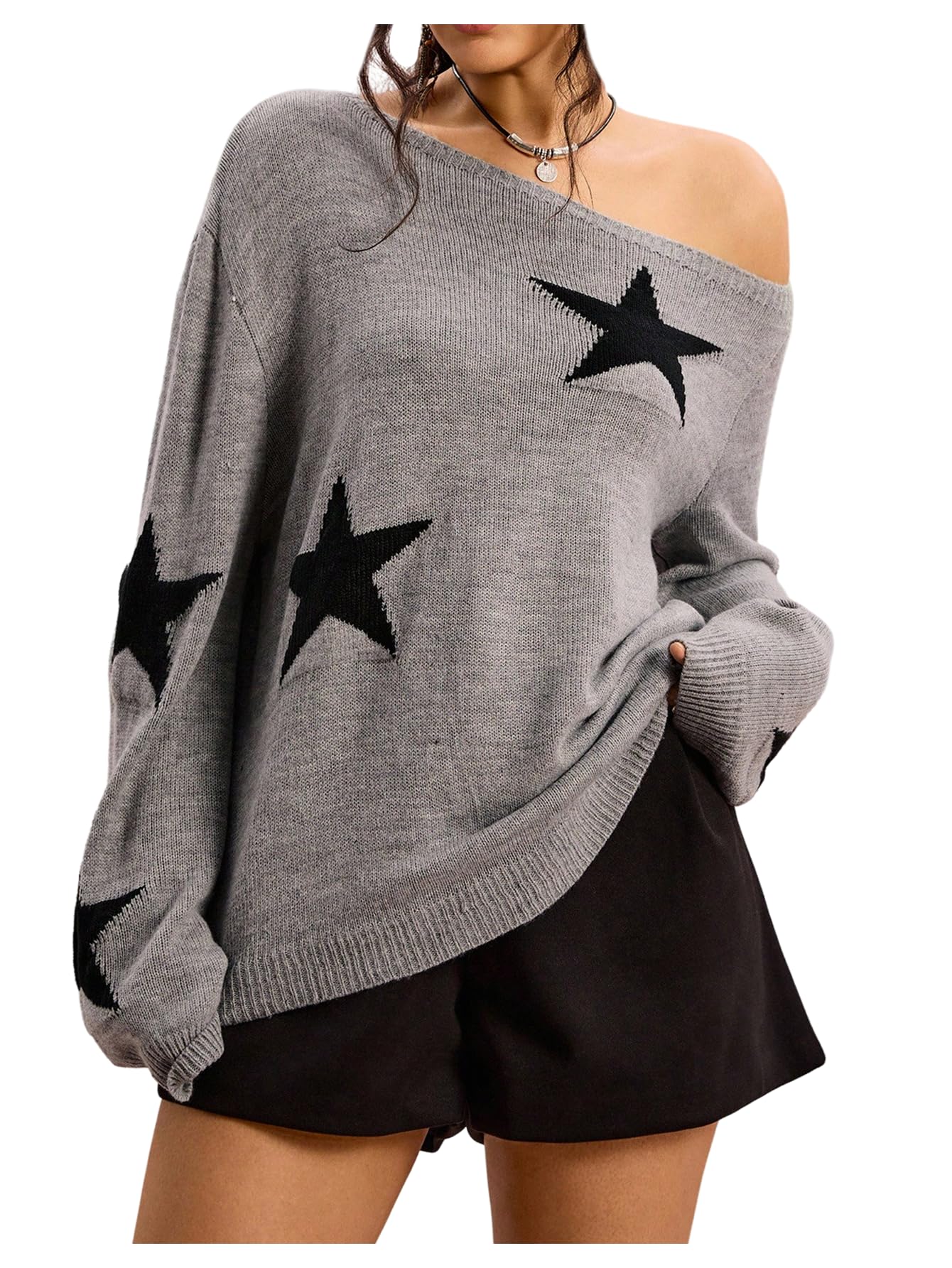 Floerns Womens Plus Size Gothic Off The Shoulder Sweaters Knitted Grunge Fall Pullover Tops