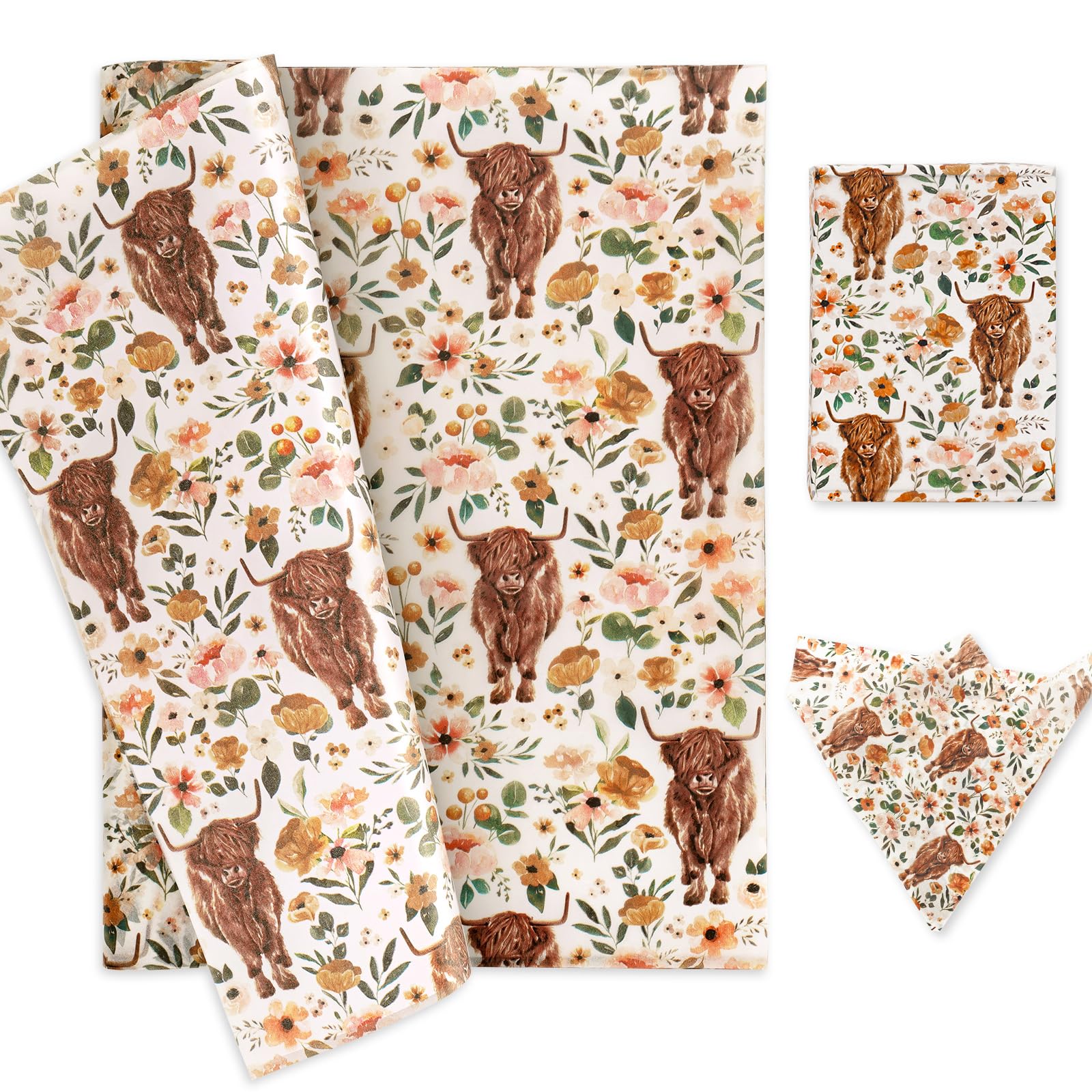 AnyDesign 100 Sheets Boho Floral Highland Cow Tissue Paper Watercolor Cow Flower Wrapping Tissue for Farmhouse Home Party DIY Crafts, 19.7 x 13.8 Inch