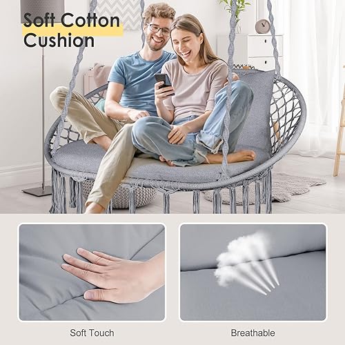 Miniatura 3 de Silla oscilante doble, silla colgante grande de macramé con 3 cojines y accesorios de montaje, silla oscilante tejida a mano para dormitorio, patio,