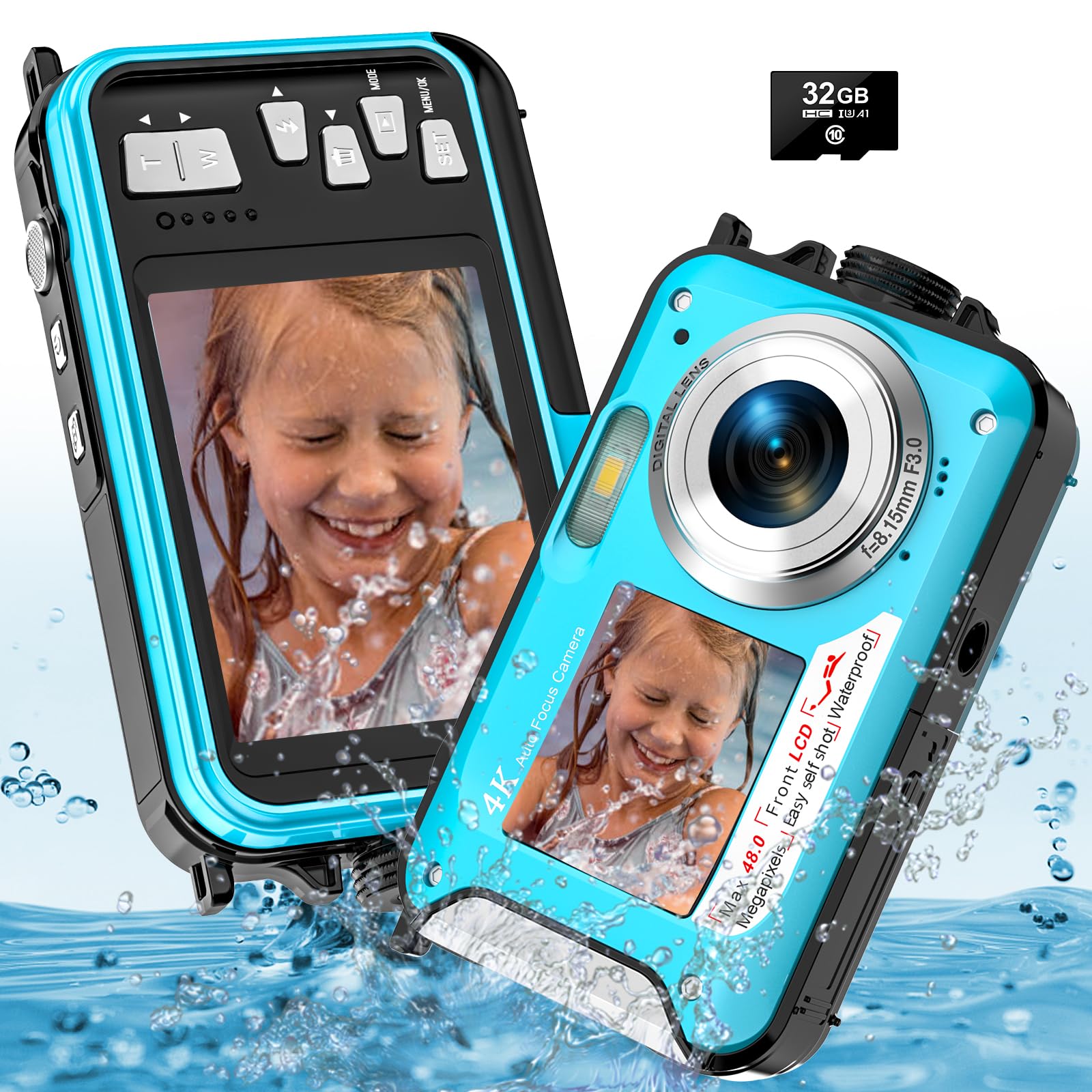 Appareil Photo numérique Etanche 4K 56MP Autofocus Caméra sous-Marine Carte mémoire 32G Selfie Double écrans 11FT 16X Zoom Appareil Photo Etanche