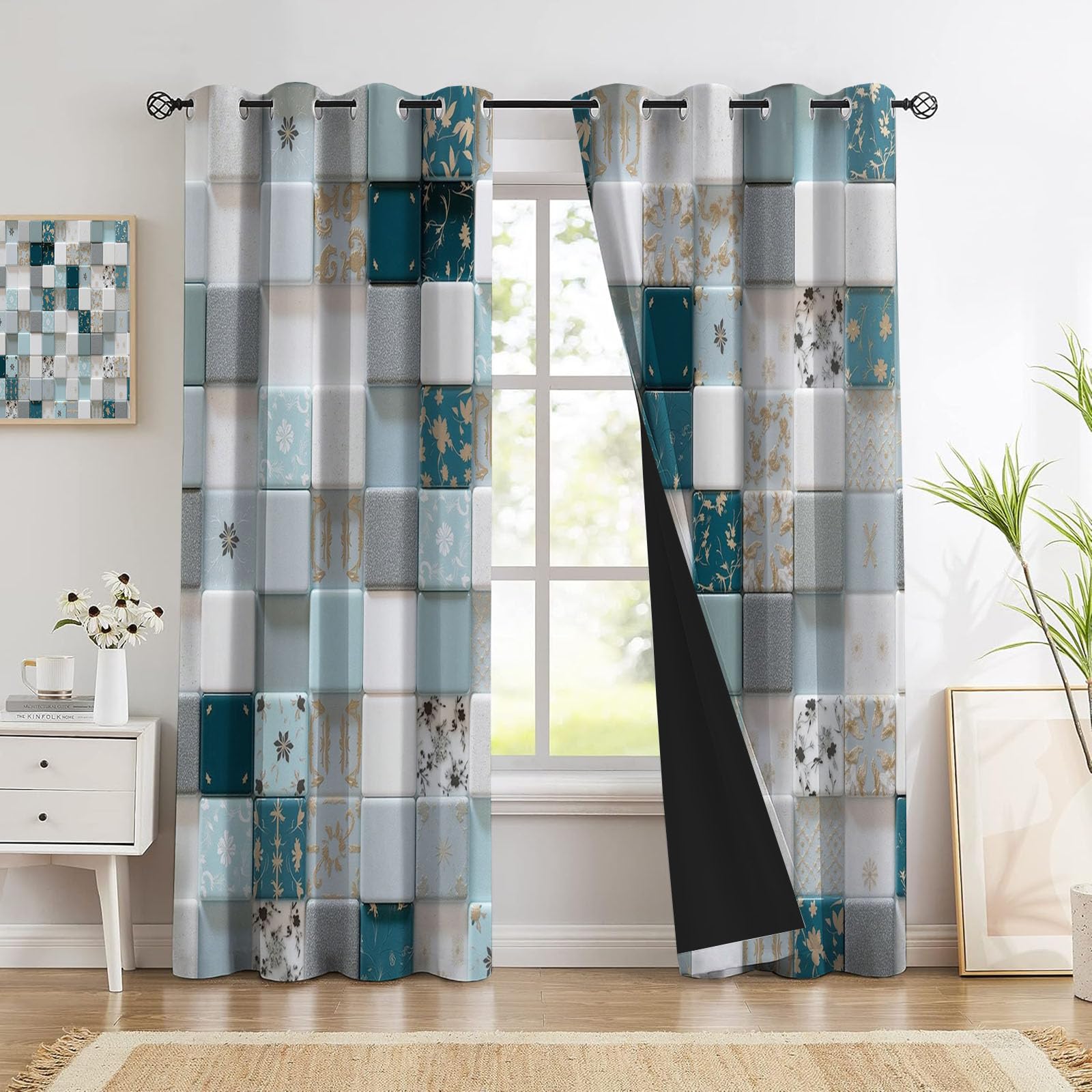 Verdunklungsvorhänge mit Ösen 2er Set H138 x B117 cm Blickdichte Vorhänge 3D-Blumenwürfel Thermovorhänge Mosaikfliesen Gardinen für Wohnzimmer Schlafzimmer Balkon Fensterdeko, Blaugrau