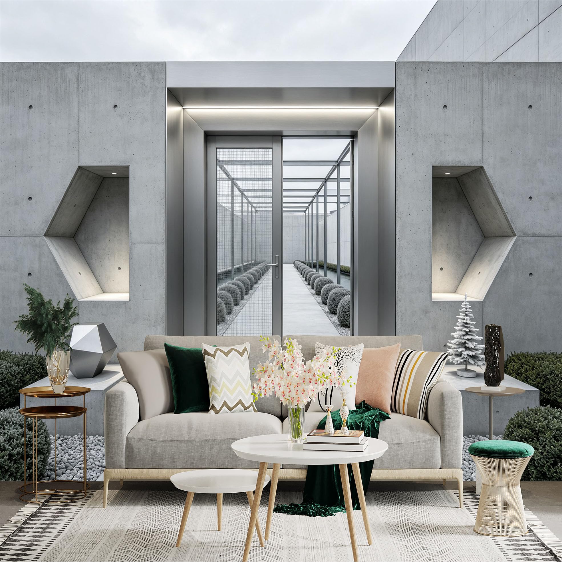 Custom Size Wall Sticker Mural， Modern Concrete Architecture with Minimalist Courtyard and Geometric Design， for wall Decoration， peelandstick wall Decals.