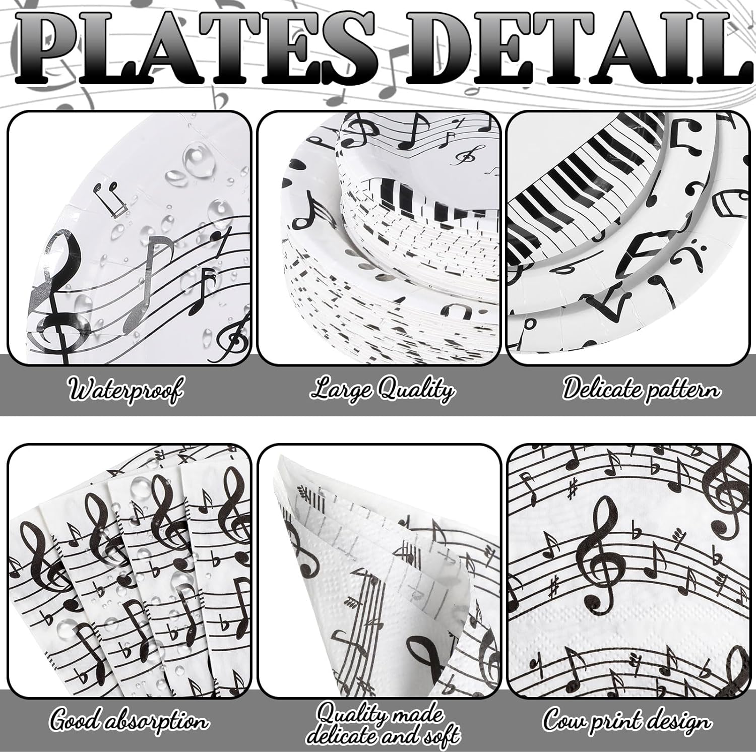 Potchen 452 Pcs Party Supplies Serve 50 Guests, Paper Plates Napkins Cups Cutlery Plastic Tablecloth Dinnerware for Birthday Wedding Party Decoration (White Black, Music Notes)