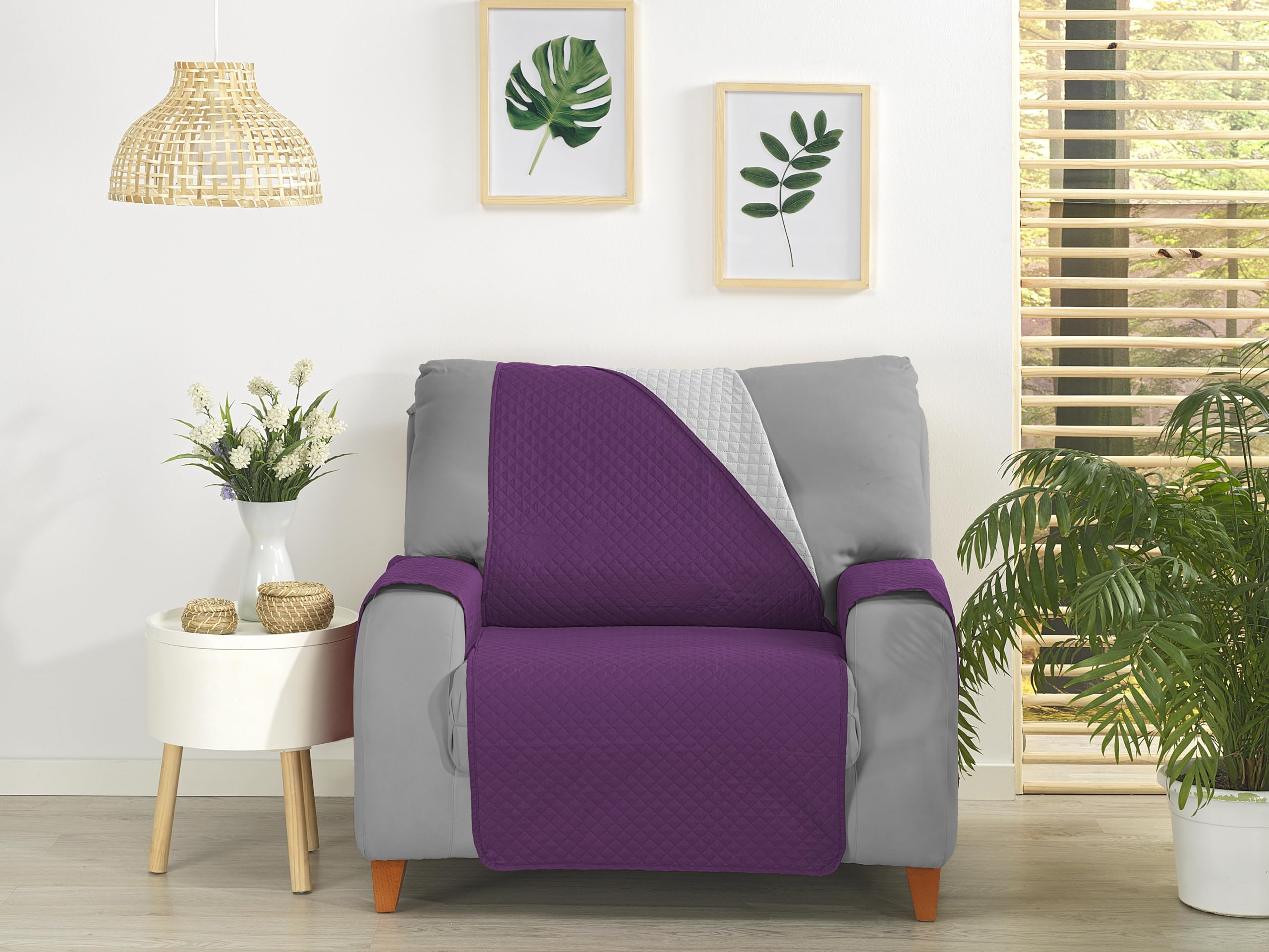 Funda Sofá Sillón Relax 1 Plaza, Cubre Sofá Ajustable y Lavable, Protector Sofá Antimanchas y Resistente, Ideal para Mascotas, Diseño Moderno y Cómodo para el Hogar (Morado/Gris)