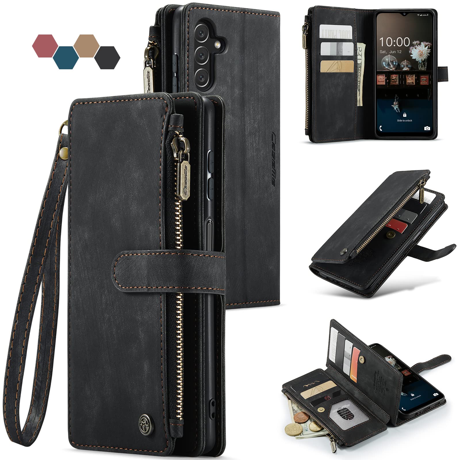 Samsung Galaxy A13 5G Case,Samsung Galaxy A13 5G Case Wallet with Card Holder Kickstand Magnetic Zipper Pocket Lanyard Strap Wristlet,Leather Flip Wallet Case for Samsung Galaxy A13 5G 6.5