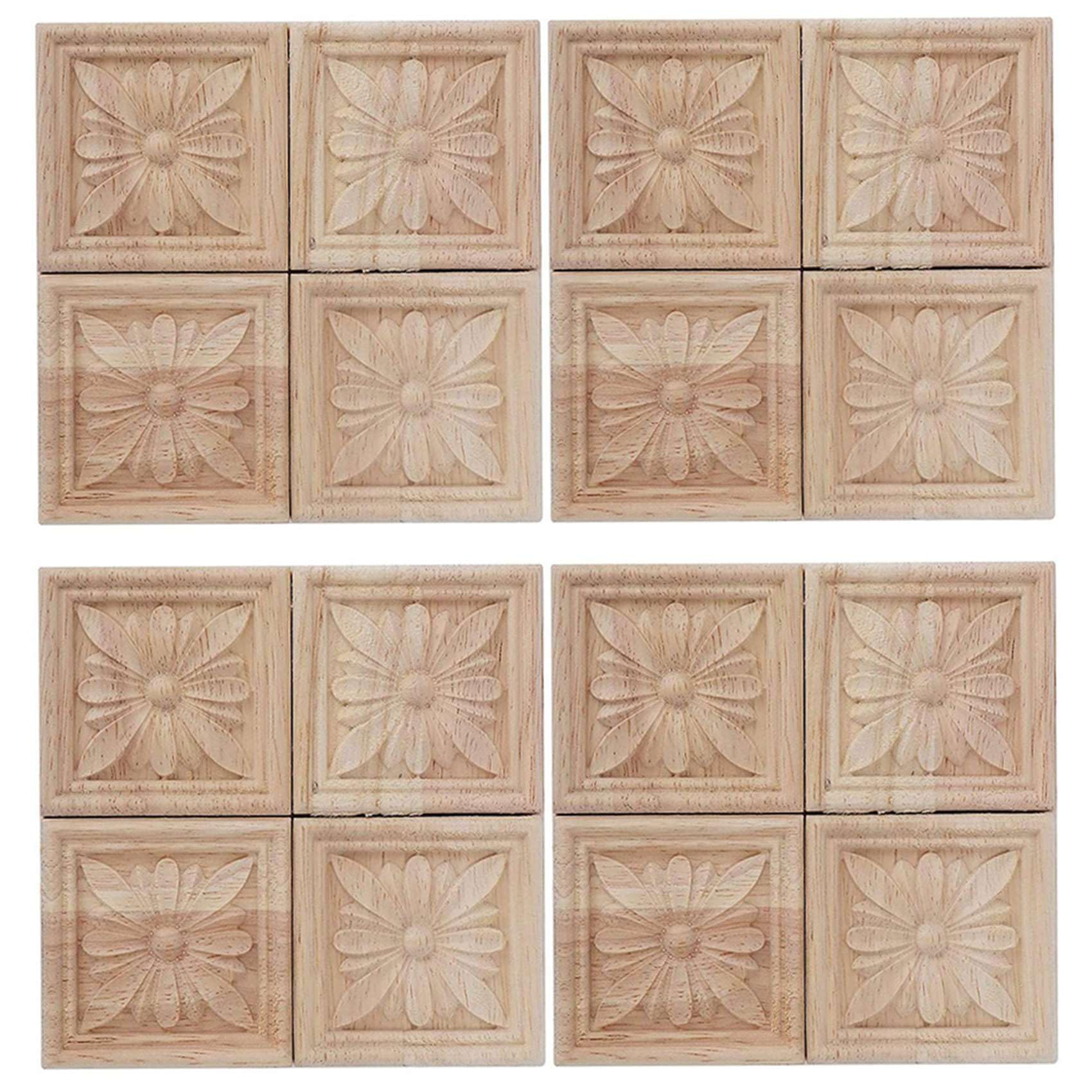 Vjsujehgy 16Pcs Wood Carved Applique Onlay Carving Checkered Unpainted Flower Pattern Decal for Cabinet Door Furniture Decoration