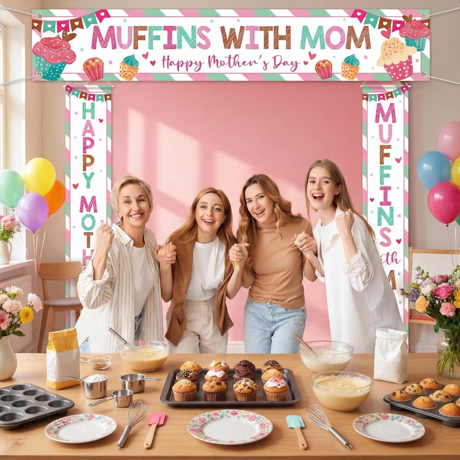 Fanfanwin 3 Pcs Happy Mother's Day Banner Muffins with Mom Decoration Mothers Day Banner Cake Love Mom Thank You Mama Party Supplies for Women Mama Wife Photo Booth Studio Props