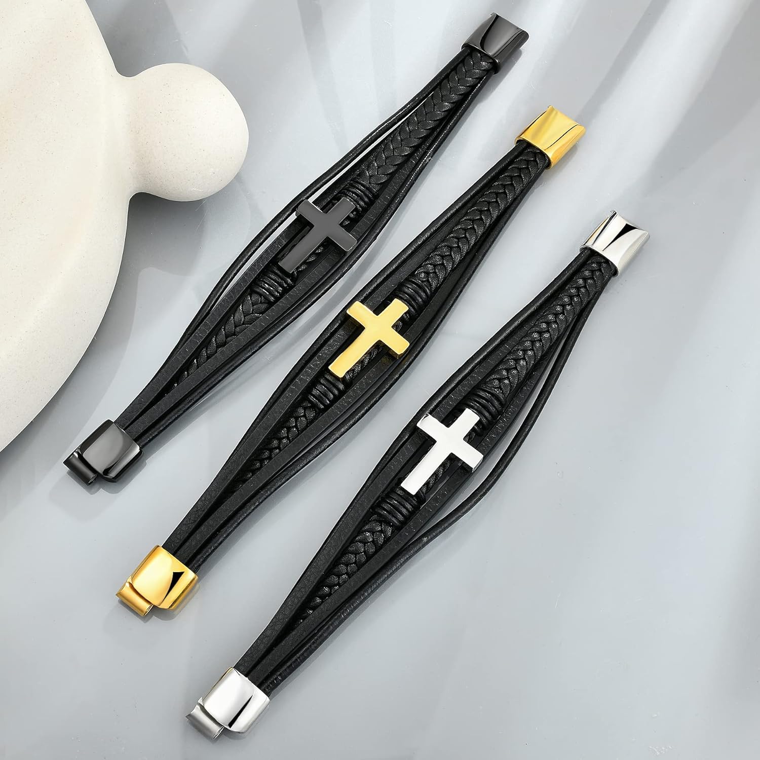 Fahonie Cross Leather Bracelet for Men Women 316L Stainless Steel with 18K Gold Plated Christ Jesus Multi-layer Handmade Christian Bracelet,7.5/8/9 Inches - Image 6