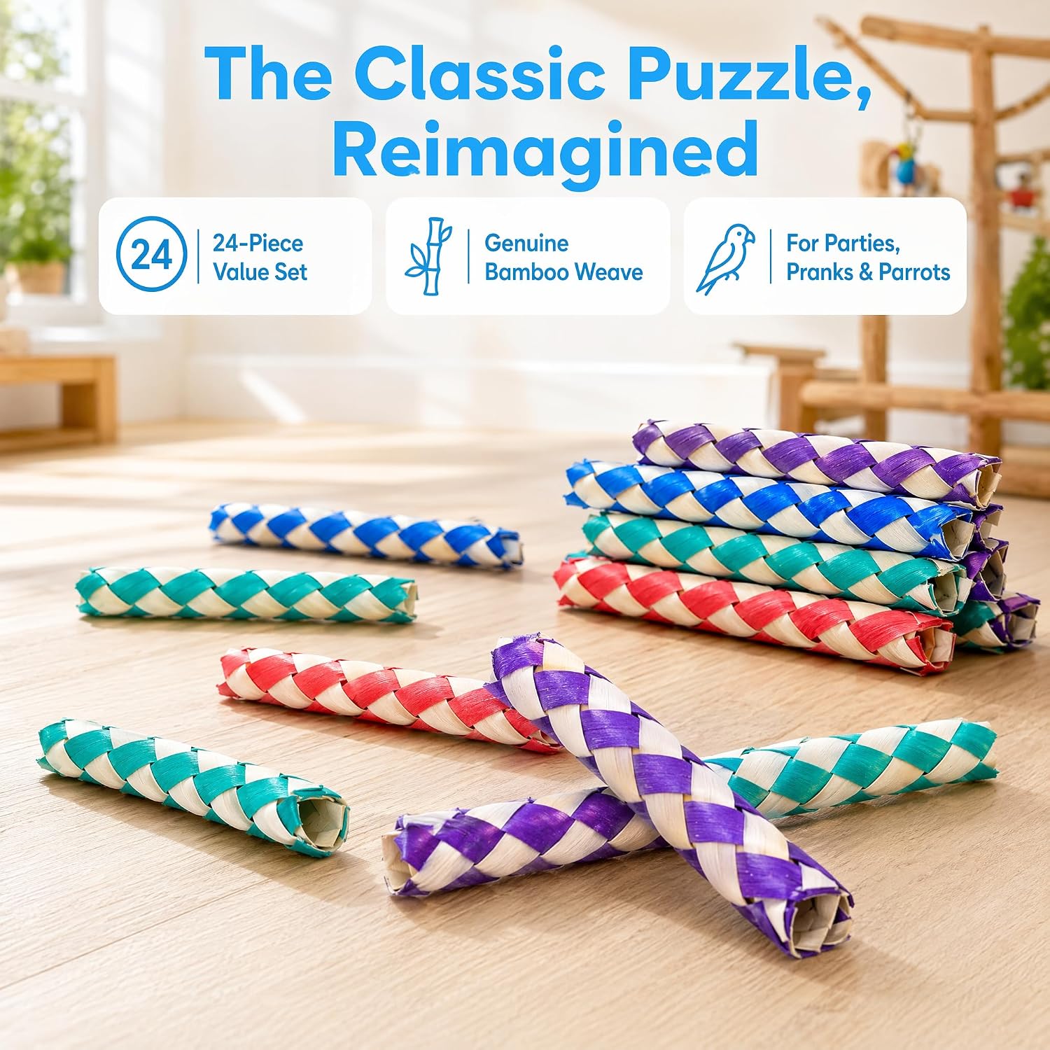 24 Pcs Classic Chinese Finger Trap Colorful Imitation Wood Palm Leaves Finger Traps Bird Trap Accessories for Party Favors Goodie Bag Pinata Fillers for Adults (Red, Blue, Green, Purple)