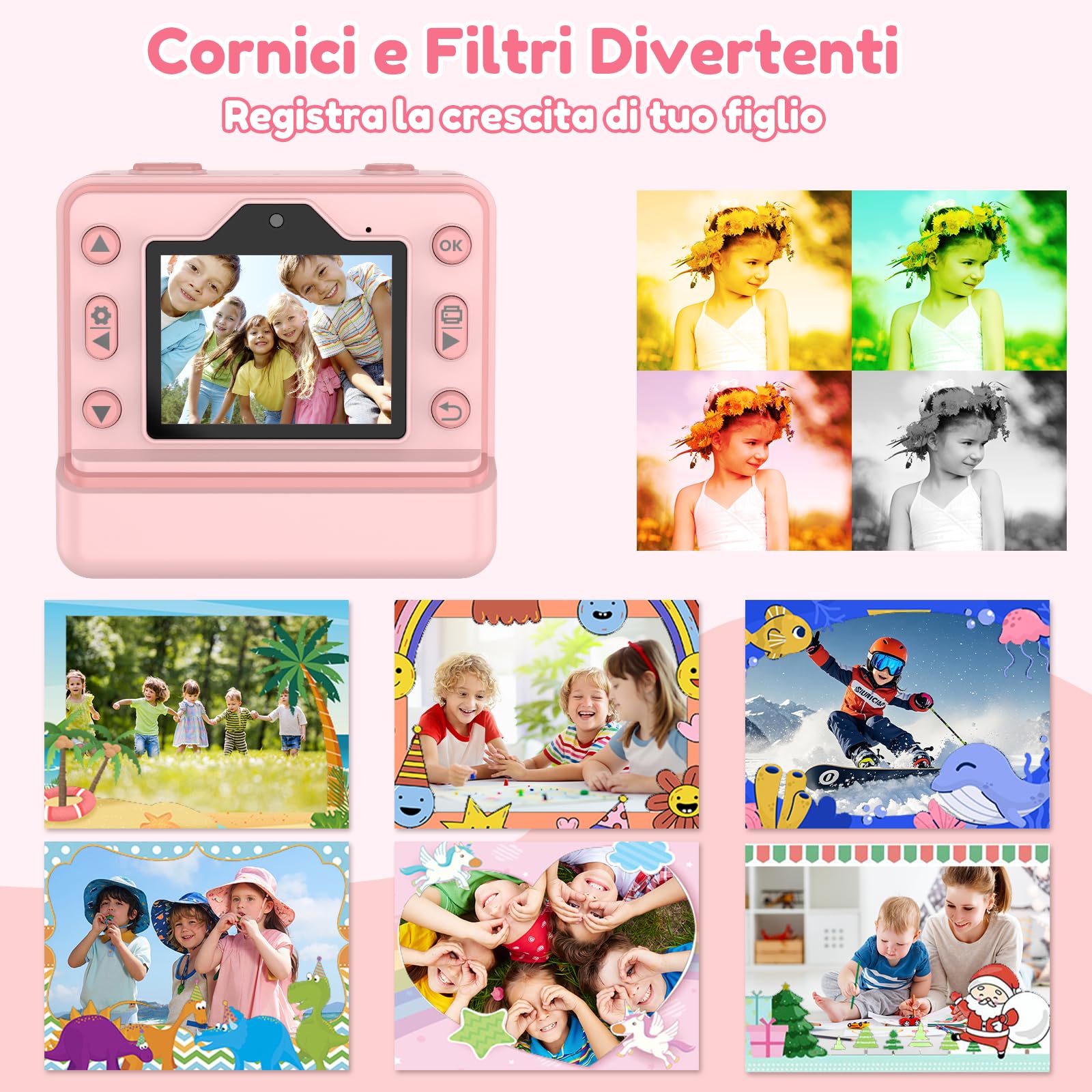 Macchina Fotografica Bambini Istantanea, 48M/1080P Fotocamera Bambini Selfie, 2.4 Pollici Macchina Fotografica Banbini con Carta da Stampa e 32GB Scheda,Regali per Ragazze Ragazzi 3-12 Anni (Rosa)