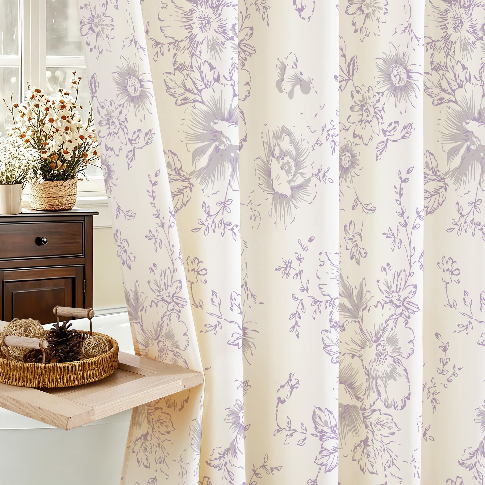Light Purple Floral Cotton Shower Curtain, Cottagecore French Country, 54x78
