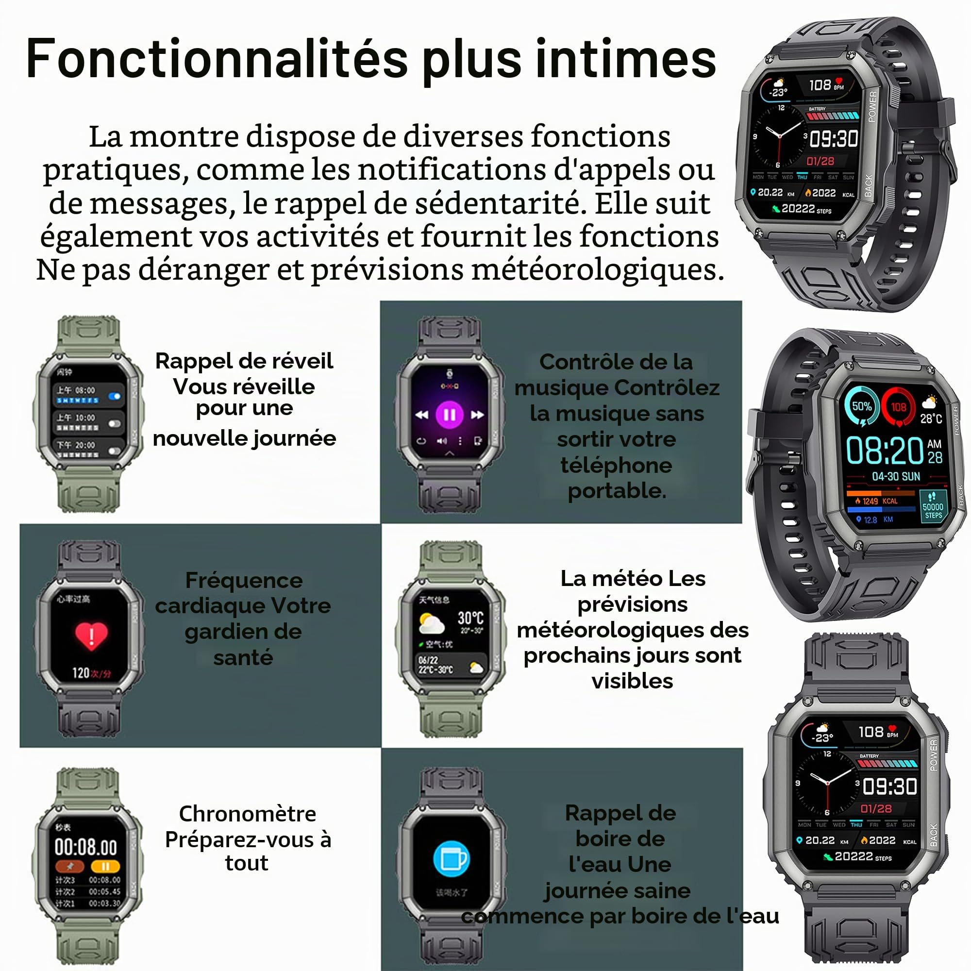 1,8” AMOLED Montre Connectée Homme avec Appels Bluetooth, 5ATM Smartwatch avec 123 Modes Sportifs/SpO2/Fréquence Cardiaque/Lecteur de Musique/Montre Intelligente Fitness pour Android iOS (Noir)
