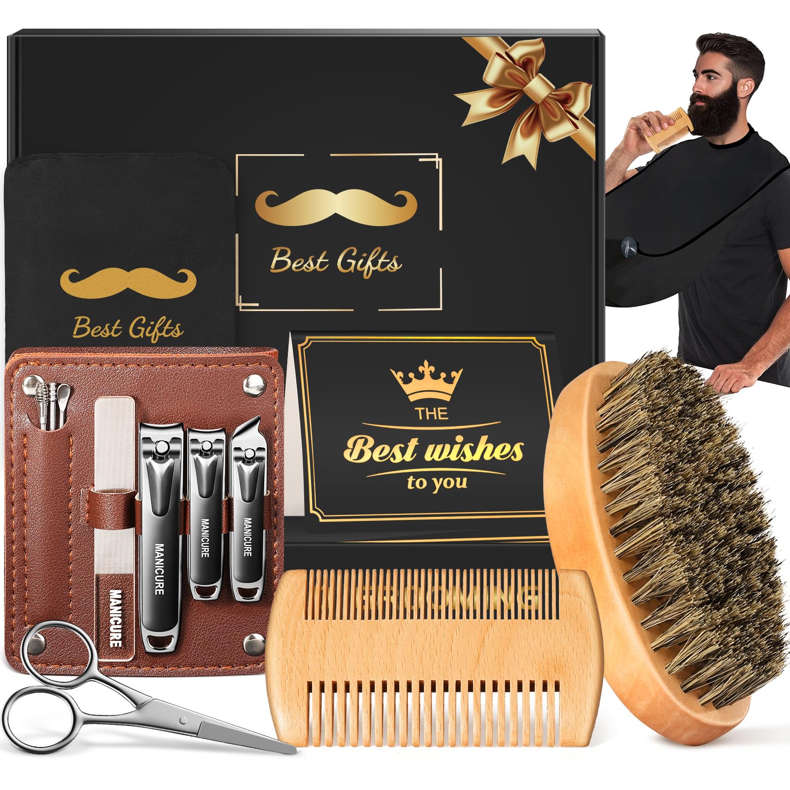 Regalo Uomo, Linkax Kit Barba Uomo con Spazzola, Pettine per Barba, Forbici, Tagliaunghie, Regali Compleanno per Papà Fidanzato Marito Padri, Cofanetto Regalo Festa del Papà per Lui