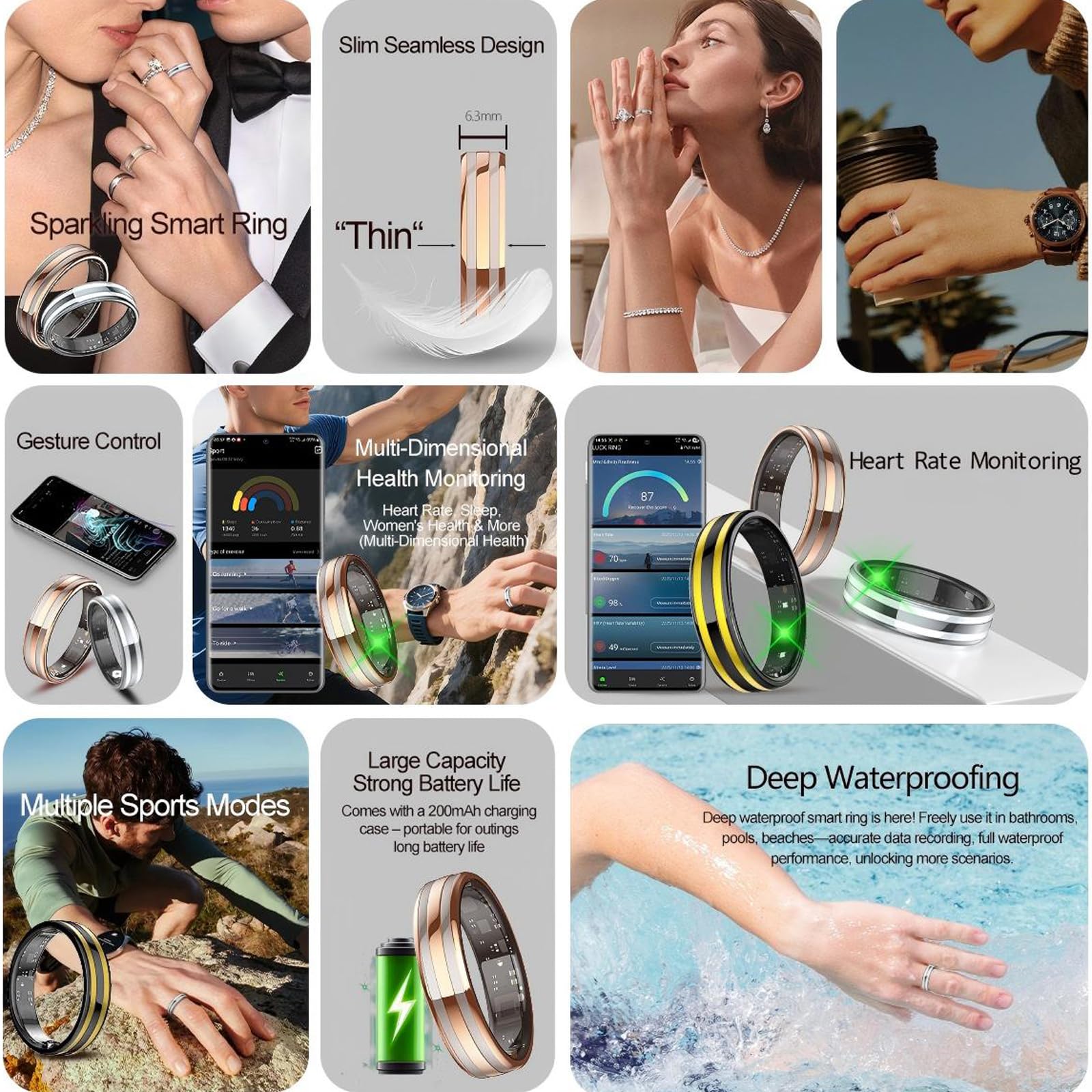 Anillo inteligente para hombres y mujeres, anillo de seguimiento de fitness con monitor de sueño, seguimiento de frecuencia cardíaca, control de gestos, rastreador de actividad, anillo de salud