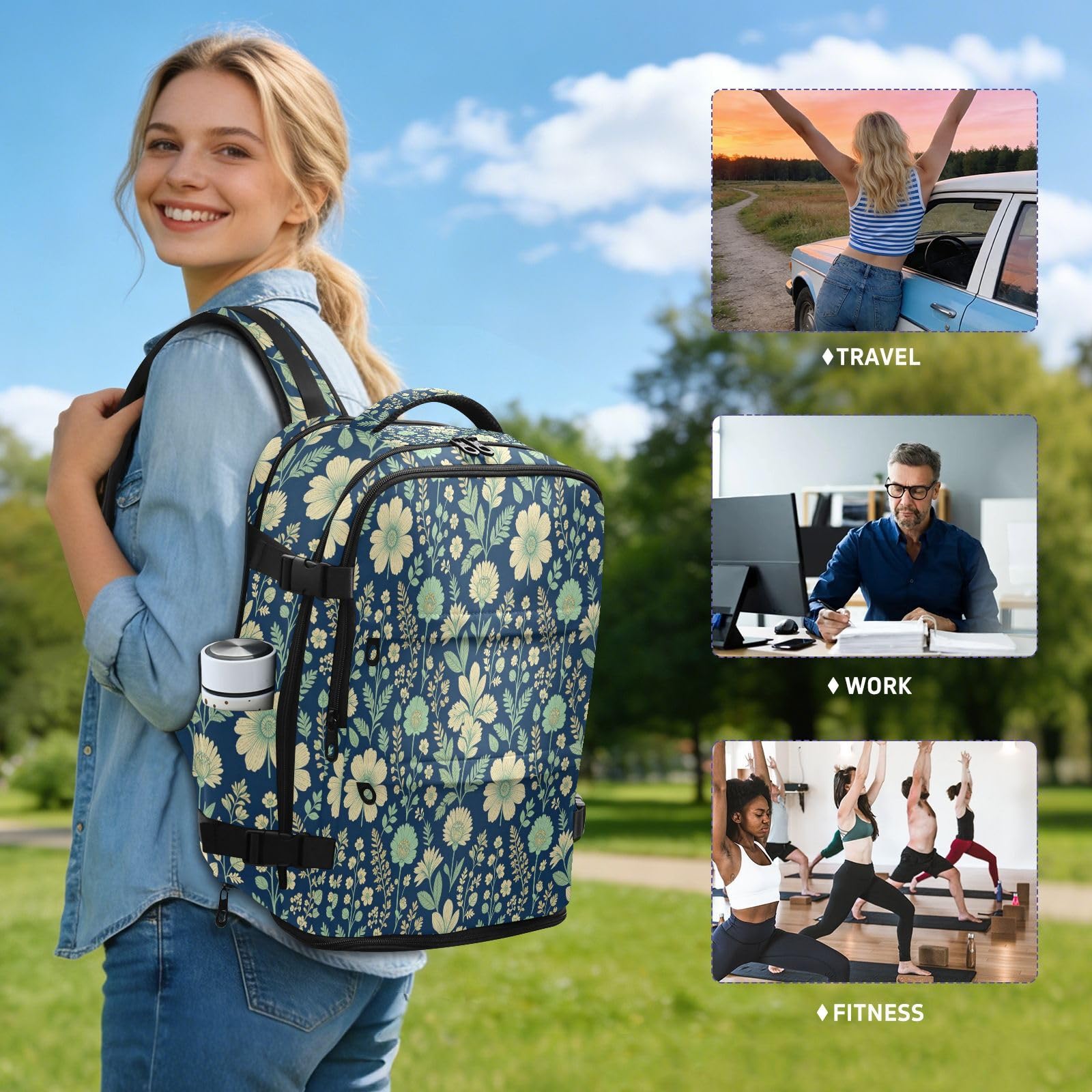 Plecak podręczny do samolotów torba na laptopa 15,6 cala dla | Wodoodporna lekka torba studencka boho granatowa kwiatowa botaniczna sztuka kwiatowa 15,6 torba na laptopa do szkoły mochilas