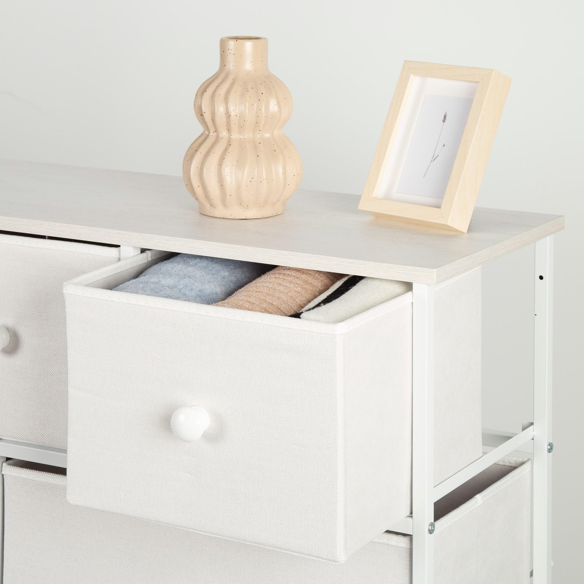 AKTIVE Max Home Cómoda dormitorio multiusos, 9 cajones de tela ligeros, 100x30x100 cm, Estructura acero, Tablero madera, Color blanco, Con sistema de nivelación, Organización, Almacenamiento (18407)