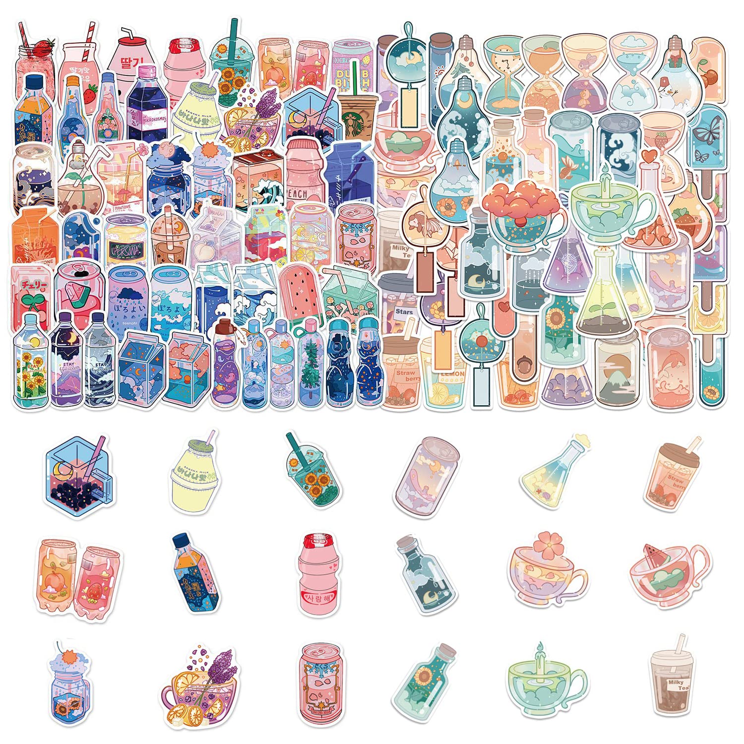 100 Sheets Cartoon Drink Bottle Stickers - Waterproof PVC, Cute Sets, Scrapbook Craft, Self Adhesive Aesthetic