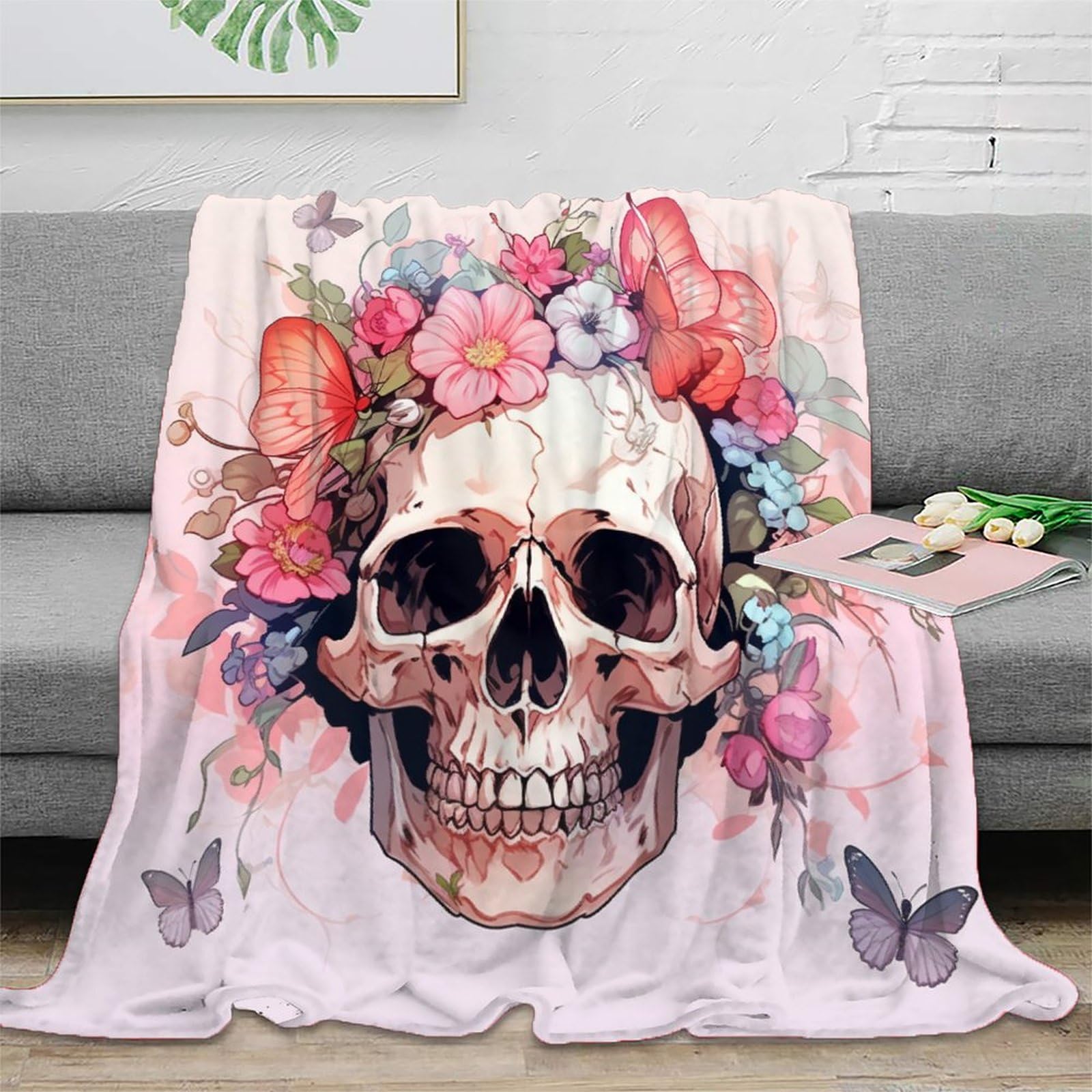Flower Skull Sherpa Blanket Gothic Style Print Fleece Throw Blanket for Sofa Bed Couch Adult 3D Gothic Style Theme Fuzzy Blanket Gift Plush Blanket Room Decor 40x50inch(100x130cm)