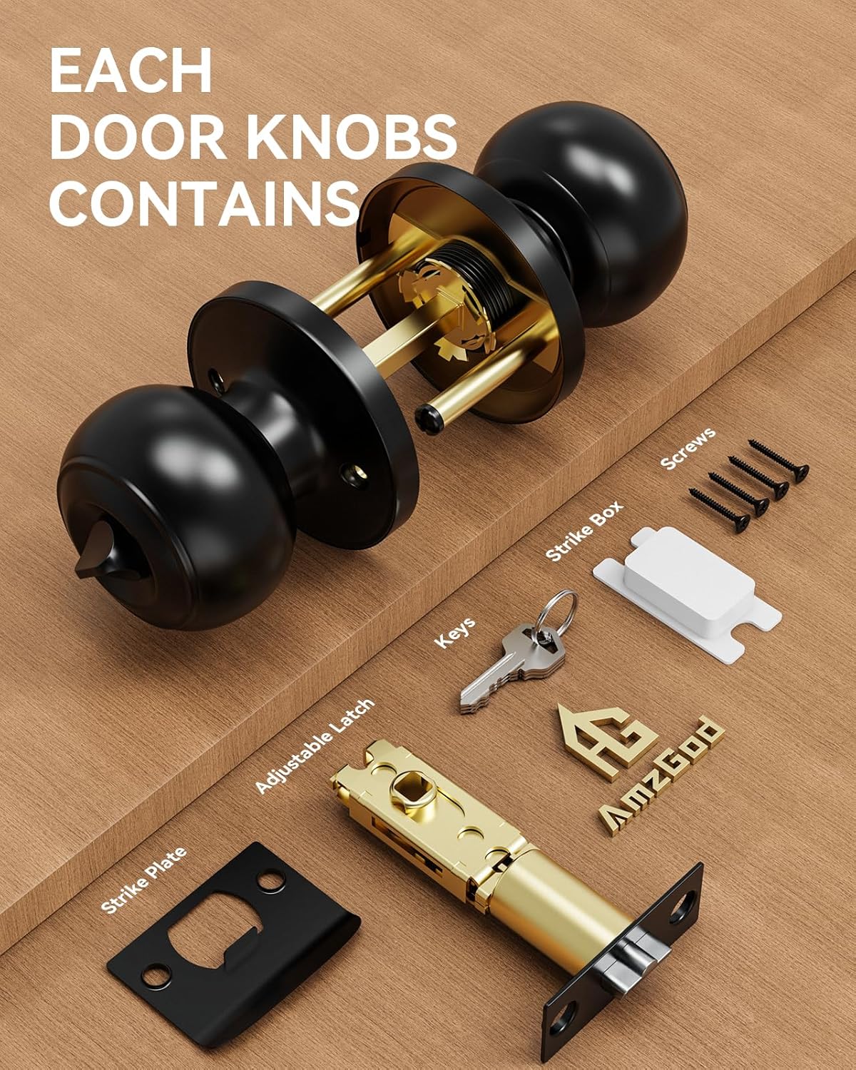 6 Pack Door Knob with Lock, Keyed Same Entry Door Knobs, Interior and Exterior Round Ball Door Lock for Front Bedroom or Bathroom, Door Knobs Matte Black Finish