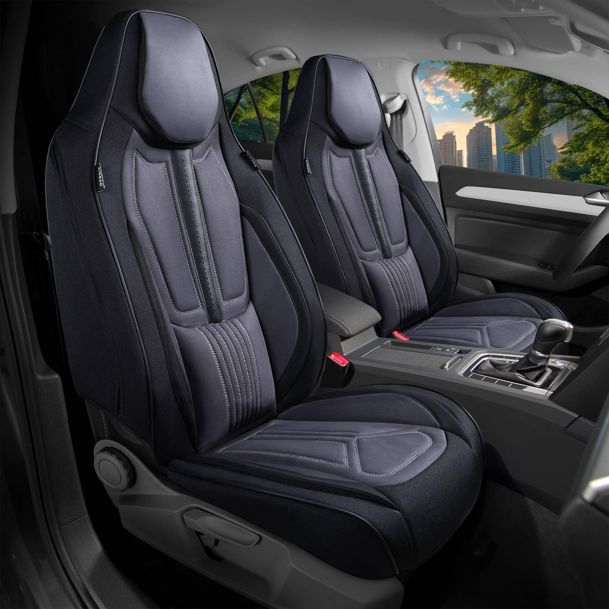 Autositzbezüge Universal für PKW & SUV – Premium Schonbezüge Komplettset Schwarz/Grau, hochwertig verarbeitet für mehr Sitzkomfort, Airbag-kompatibel Sitzauflage, für Vorder- und Rücksitze