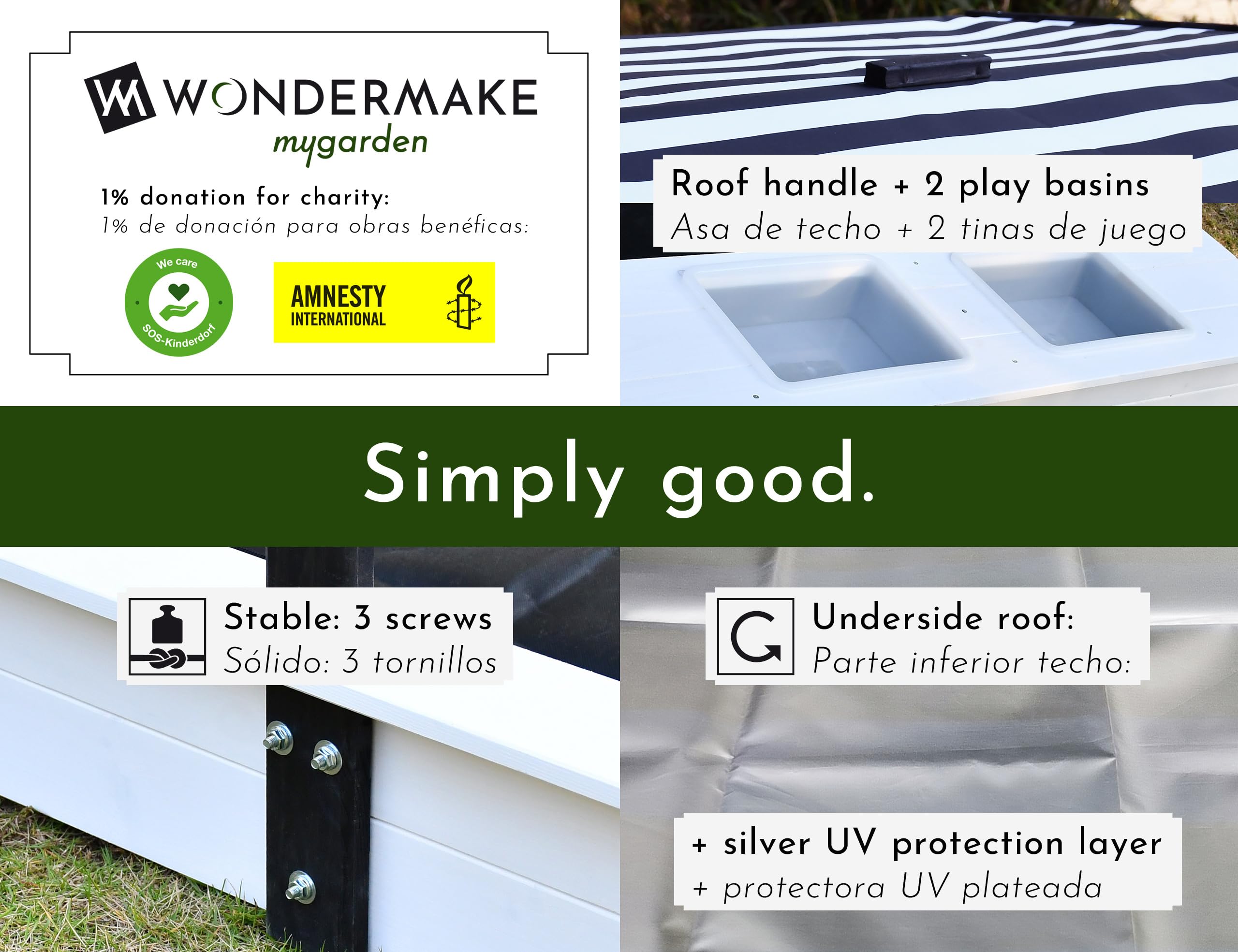 WONDERMAKE® Design Zandbak met modderkeuken, afdekking Oxford 420D, vliesfolie, zandbak, hout, vierkant, afsluitbaar, outdoor, tuin, voor kinderen, wit, kleurrijk