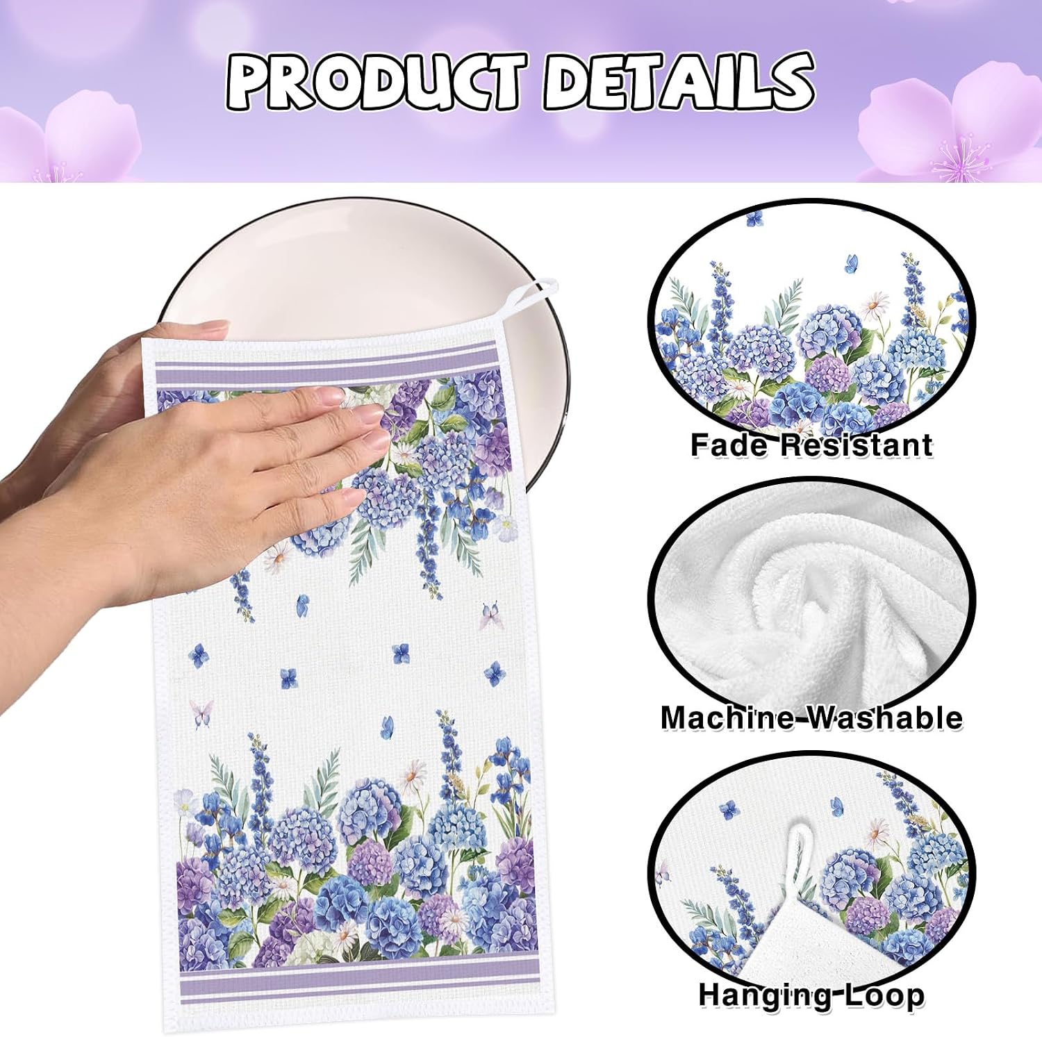 Purple Hydrangea Floral Kitchen Towels Set of 4, Spring Flowers Dish Towels, Microfiber Hydrangea Vase Butterfly Hand Towel Decor for Kitchen Bathroom Tea Holiday Home Decoration Housewarming Gifts