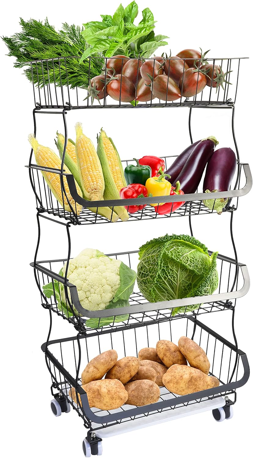 Rolling Stackable Wire Baskets Storage Bins 4 Tiers Metal Utility Stainless Steel Storage Bins Snacks Pantry Organizer with wheels for Kitchen Bathroom (3+1 Tier Storage Rack)
