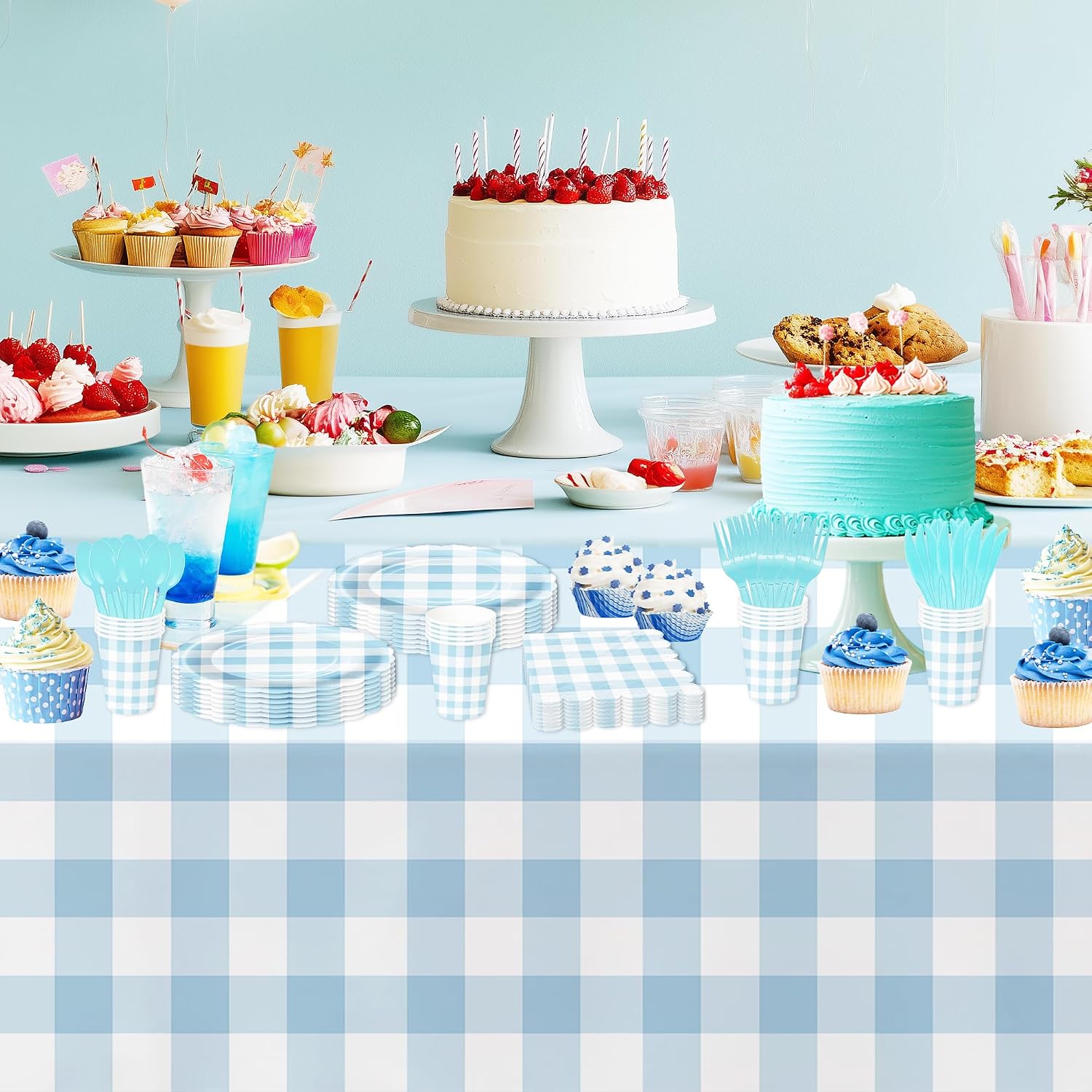 Light Blue Gingham Party Tablecloth Decorations, 3 Pack Blue Checkered Disposable Plaid Party Supplies Tablecover, for Birthday Baby Shower Bridal Wedding, 55in x 86in