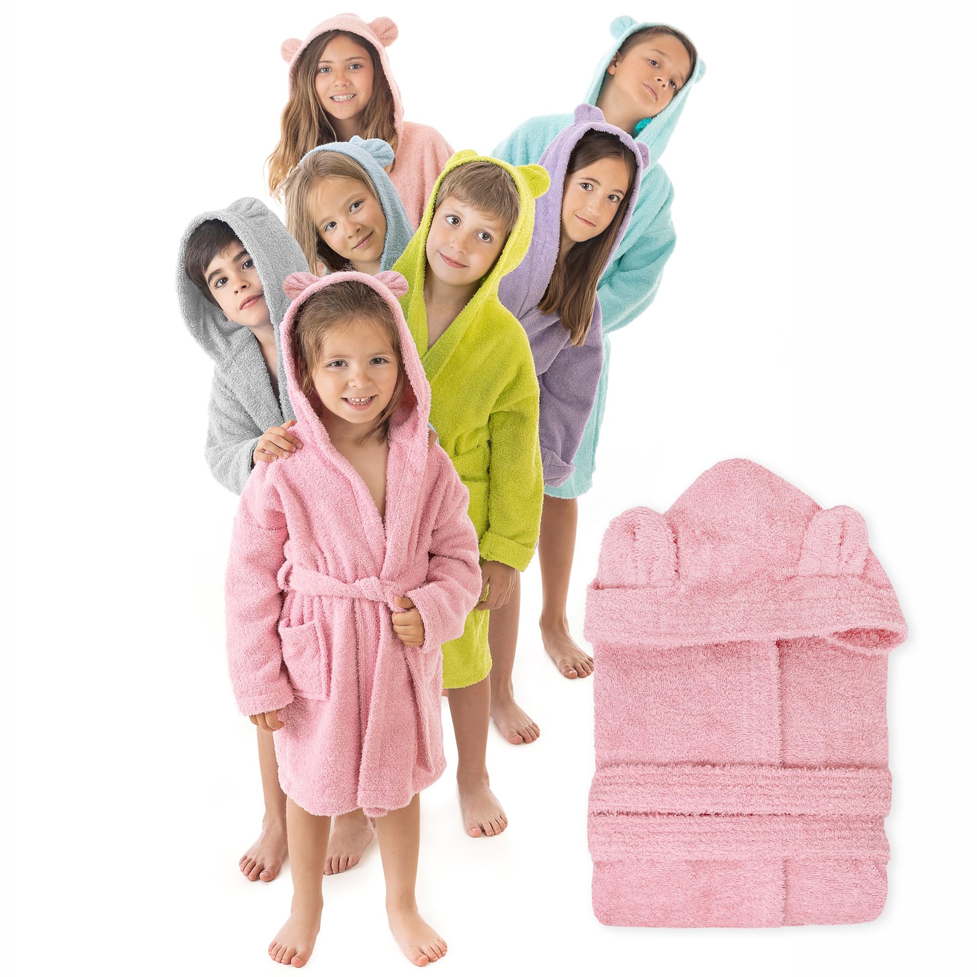 LEBENGOOD Szlafrok dziecięcy z uszami - unisex, 100% bawełna OEKO-TEX®, kieszenie, pasek, kaptur