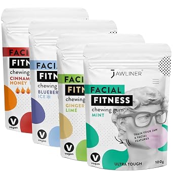 Jawliner Fitness Chewing Gum 15X Harder Jawline Gum Sugar Free Mint, Ginger Lime, Blueberry and Cinnamon Honey Jaw Gum Includes 12 Weeks Coaching for Shaping the Jaw 8 Months Pack of 4 Flavor