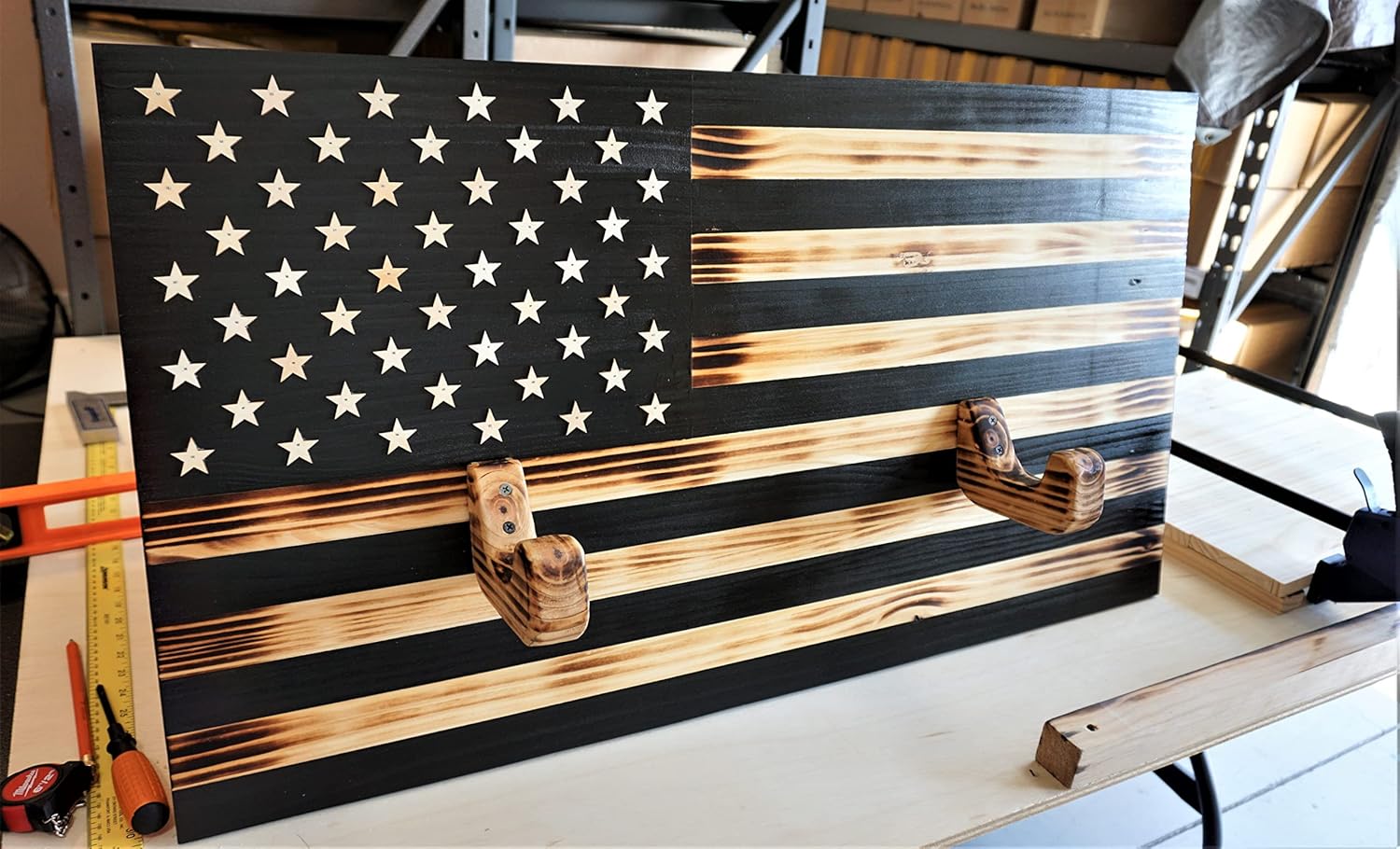 Wooden Rustic American Flag with Gun Rack 36” x 19.5” Black Made in the US Gifts for Men, Gifts for Hunter, Gifts for Military Men