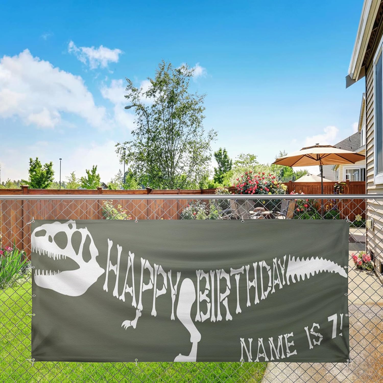 VictoryStore Dinosaur Birthday Party Supplies: Custom Dinosaur Birthday Banner, Waterproof Vinyl (3 feet by 9 feet, T-Rex Skeleton) (3x9 Feet)