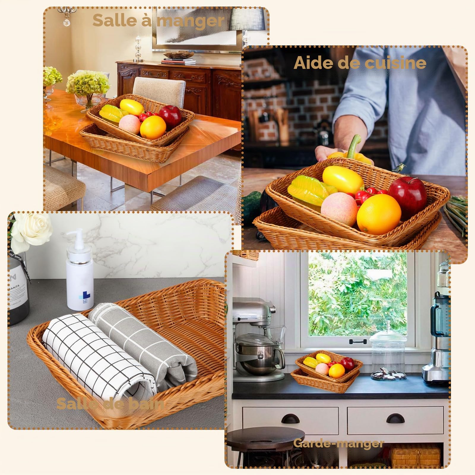 AKOLAFE 3 Pièces Corbeille a Pain en Osier 35 x 25 x 7 CM Panier Pain Empilables Panier a Pain de Service Brun Panier Osier Rectangulaire Corbeille Osier pour Pain, fruit, Légume, Ustensile de Cuisine