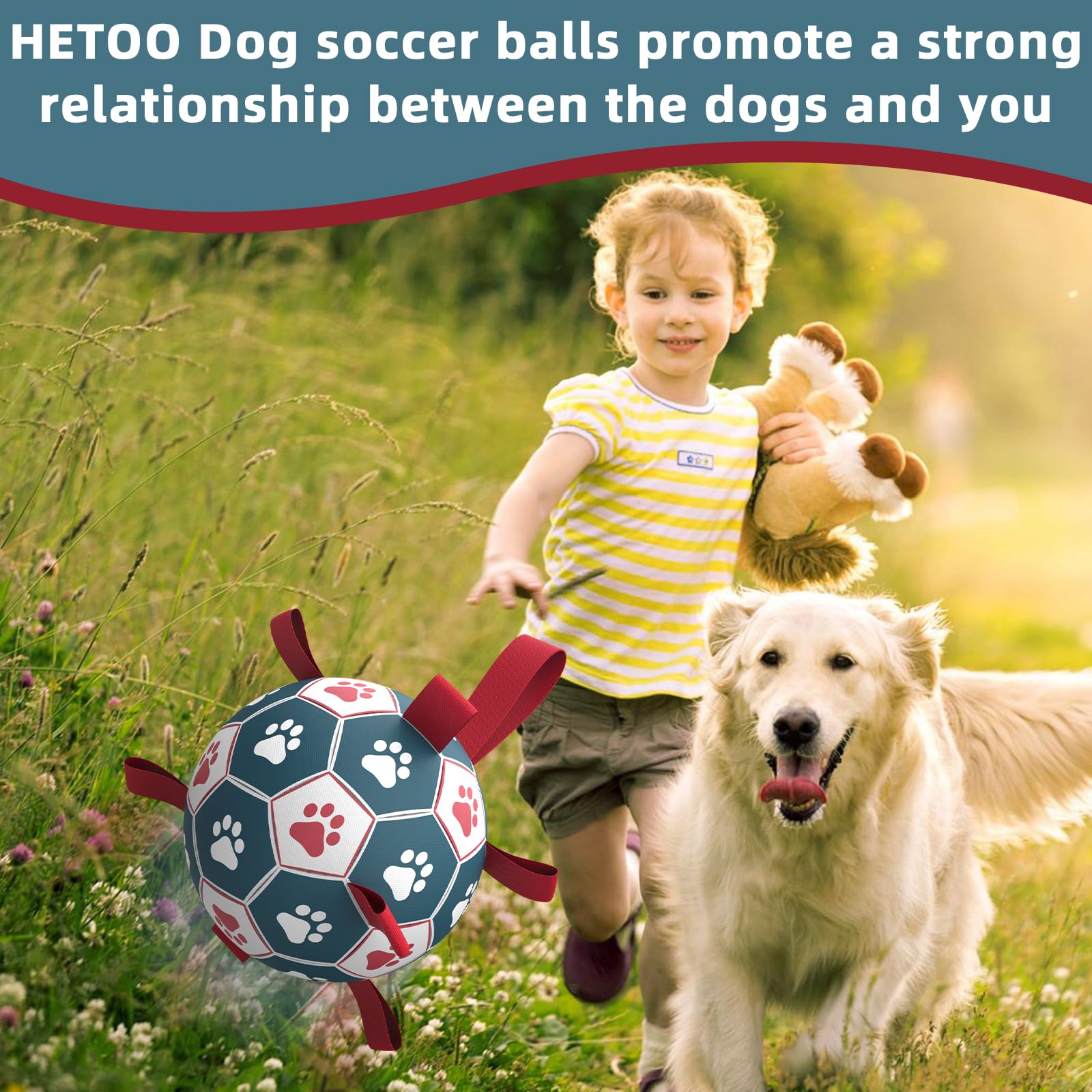 HETOO Dog Soccer Ball, Interactive Dog Toys for Tug of War Water Toy, Durable Balls for Medium & Large Blue Red (8 inch) - Image 2